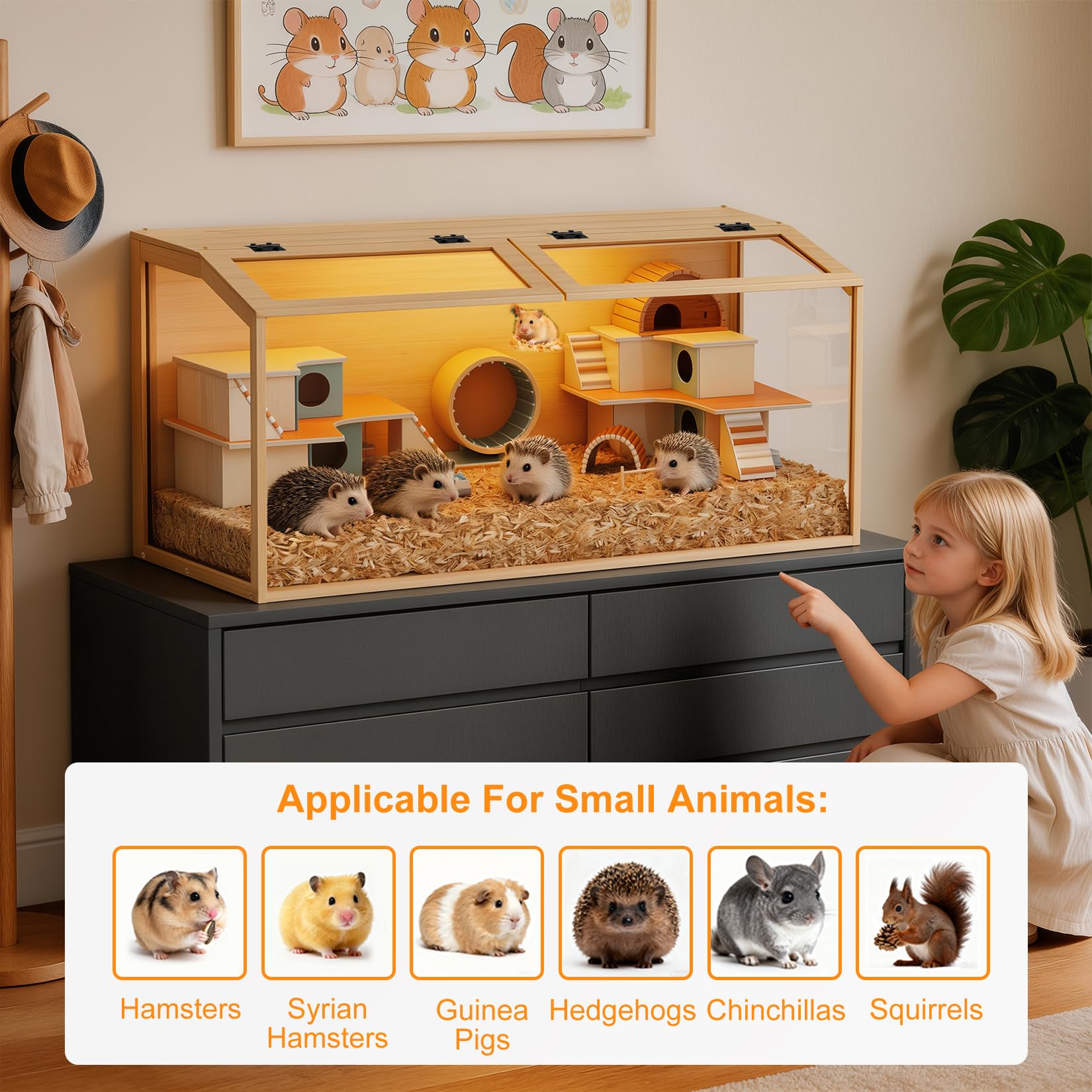 BingoPaw Hamsterkäfig Nagerkäfig aus Holz und Gehärtetes Glas, Kleintierkäfig mit Klappbarem Deckel, robust Kükenaufzuchtbox für Küken Hamste kausicheres Zwerghamster, XL 100 x 50 x 50 cm, Natur