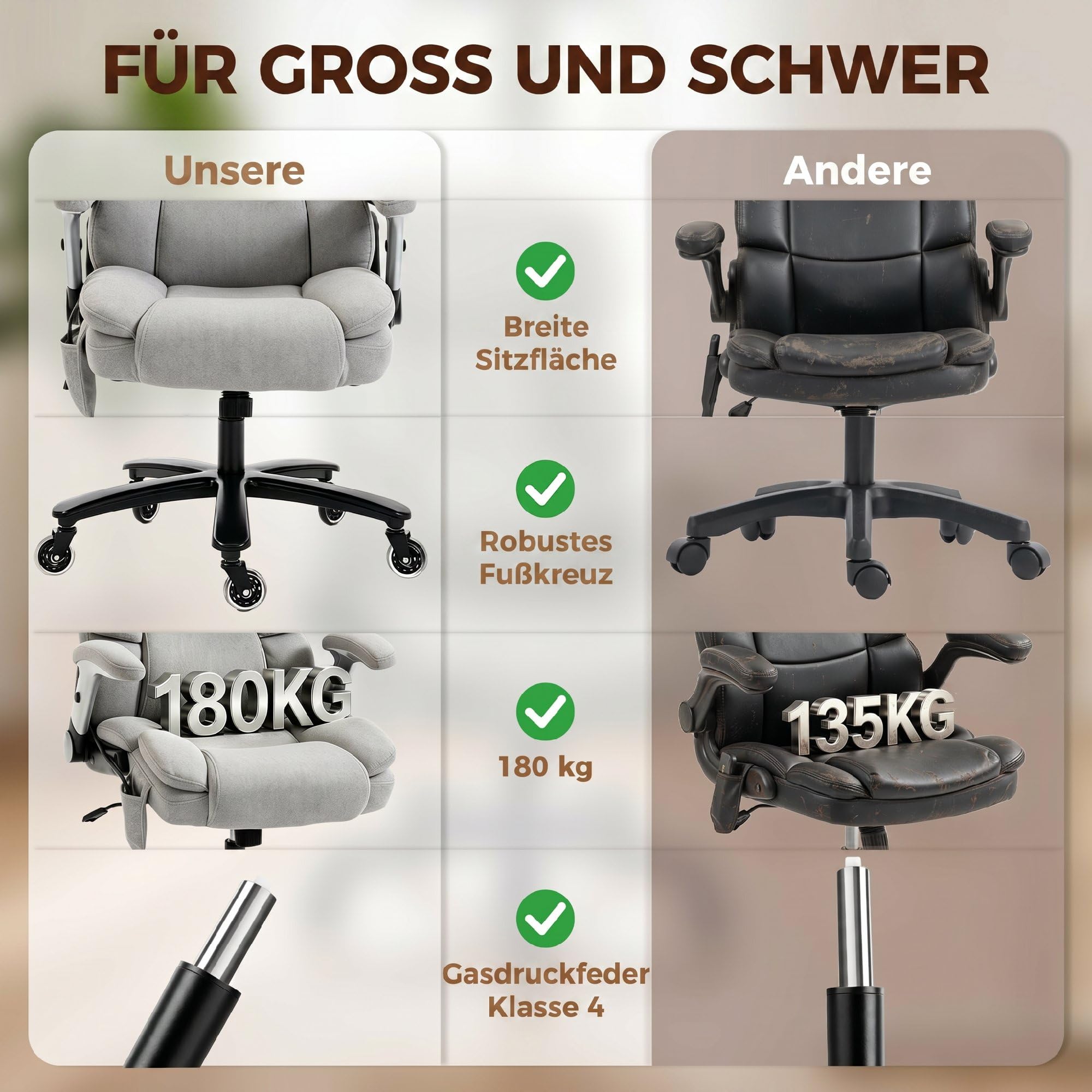HOMCOM Bürostuhl Ergonomischer Chefsessel Wippfunktion 180 kg Hellgrau | Hochklappbare Armlehnen, Breiter XXL Sitz, Höhenverstellbarer Schreibtischstuhl, Airbag-Lendenstütze, Drehstuhl