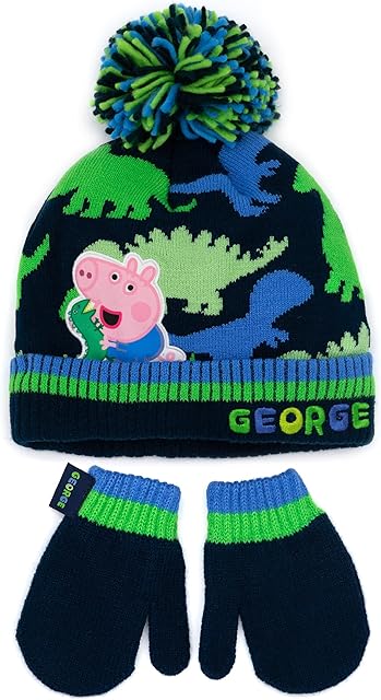 Peppa Pig George Hat and Mittens Set Kids | Children Toddlers Boys Blue Green Dinosaur Winter Double Lined Beanie Gloves | One Size Hat