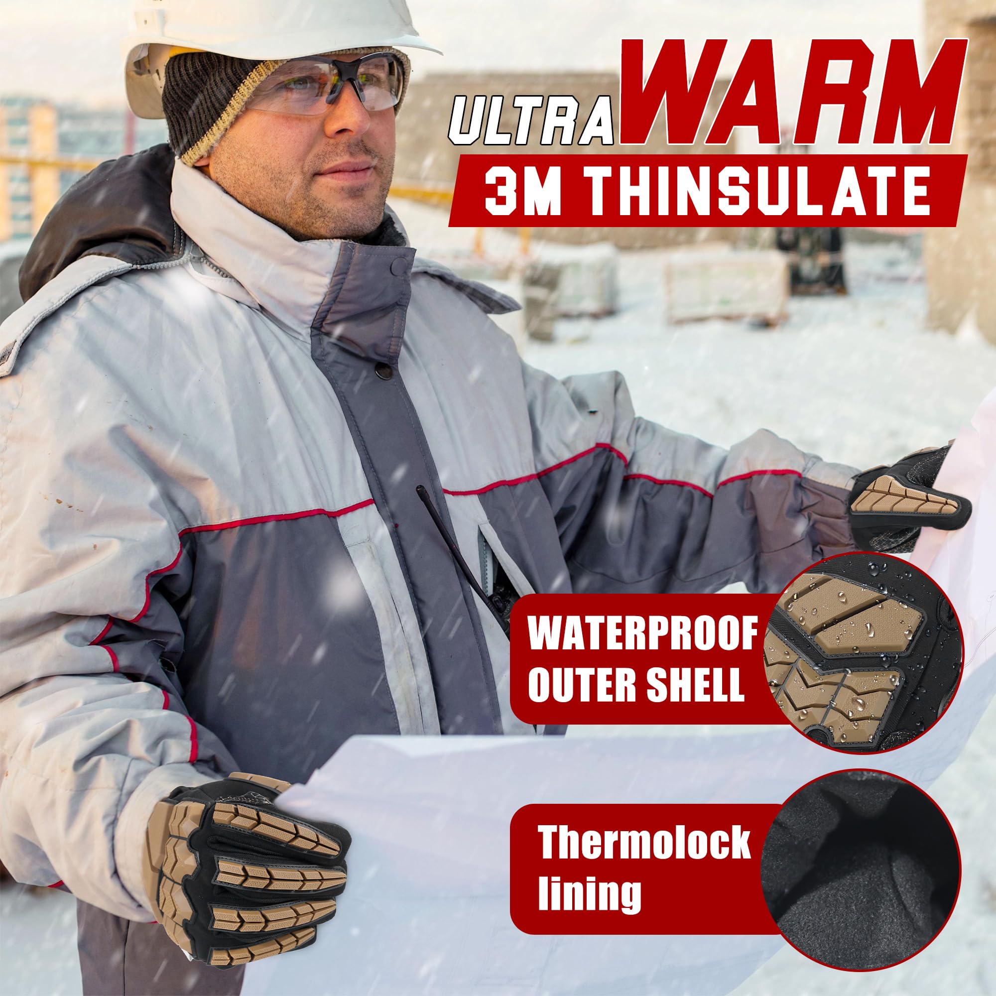 HANDLANDY Winter Water Resistant Work Gloves for Men Padded Thermal Insulated Heavy Duty Impact Glove for Cold Weather (Tan-insulated - Image 2