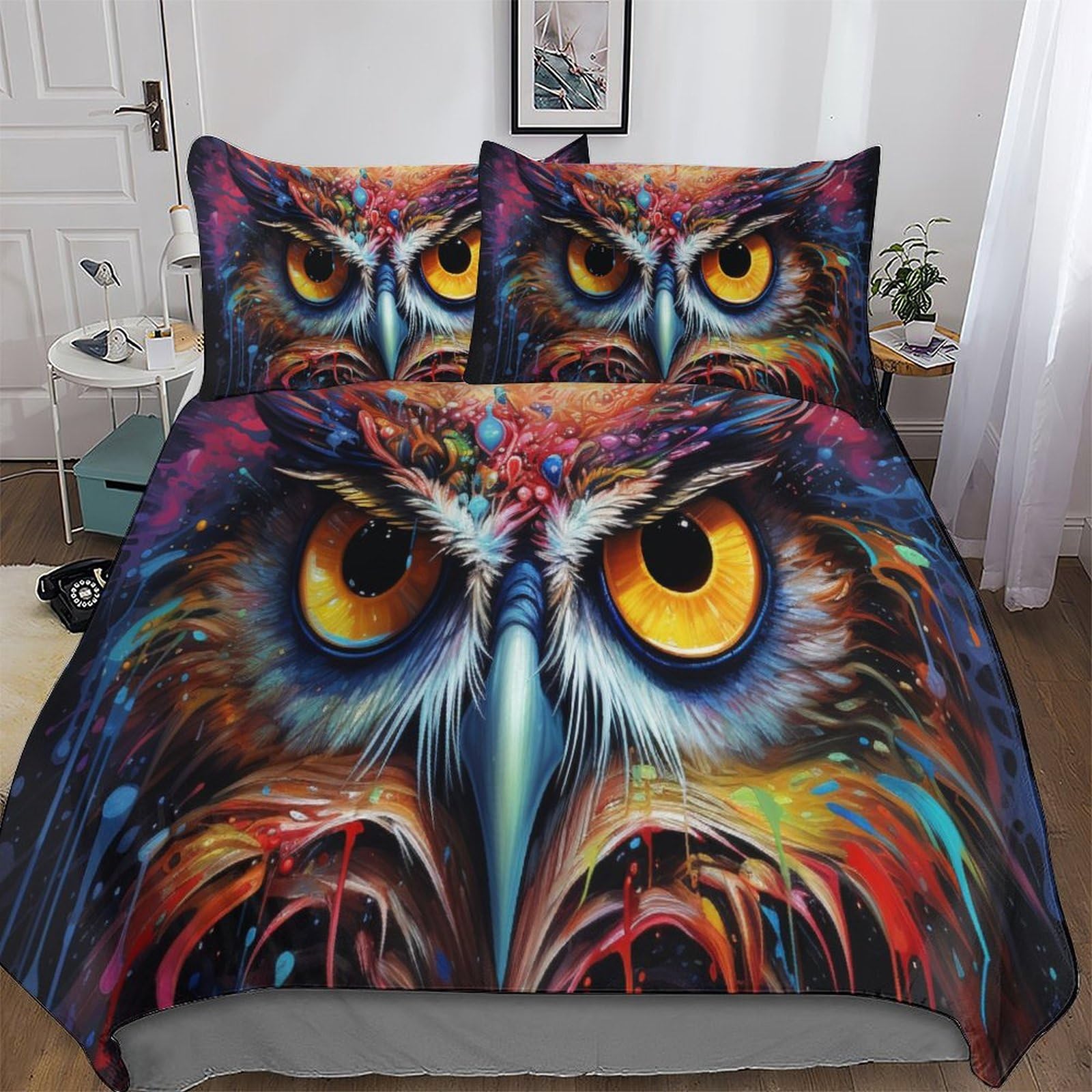 Housse de couette hypoallergénique imprimé hibou en microfibre douce King size
