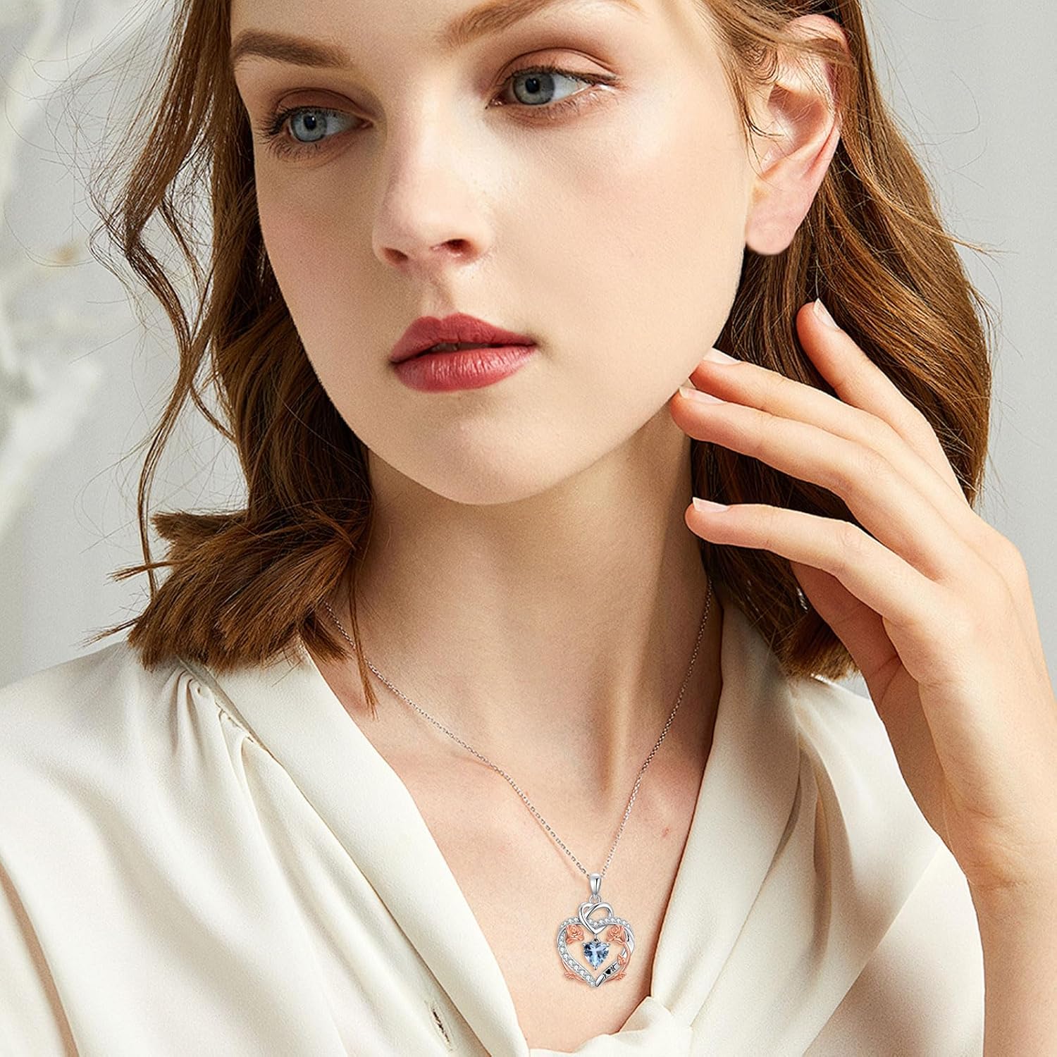 Rose Heart Birthstone Necklace for Women Mom,925 Sterling Silver Birthstone Pendant Necklace Rose Flower Heart Necklace Anniversary Birthday Gifts for Her Wife - Image 4