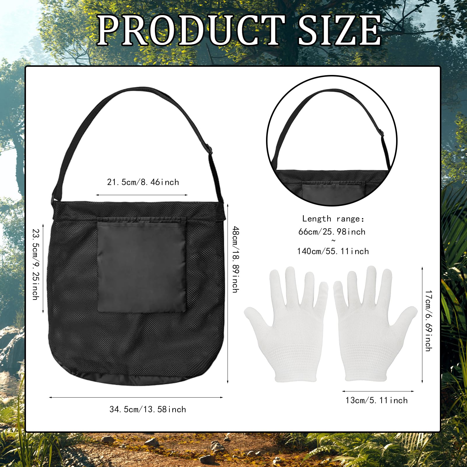 Bolsa de Caza de Setas, Bolsa de Setas con Guantes, Bolsa de Recolección de Setas, Cinturón de Hombro Ajustable, Bolsa de Recogida de Frutas, Bolsa de Forraje de Malla, para Camping, Senderismo