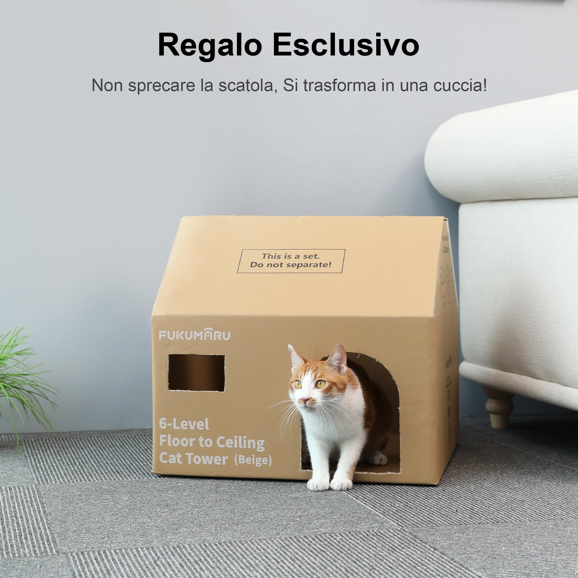 FUKUMARU Albero Tiragraffi per Gatti al Soffitto, 6 Livelli Altezza Regolabile (1.8-3 m),Torre Arrampicata con Palo Tiragraffi Rinforzati, Centro Attività con Tenda e Amaca Morbida per Gatti. Beige