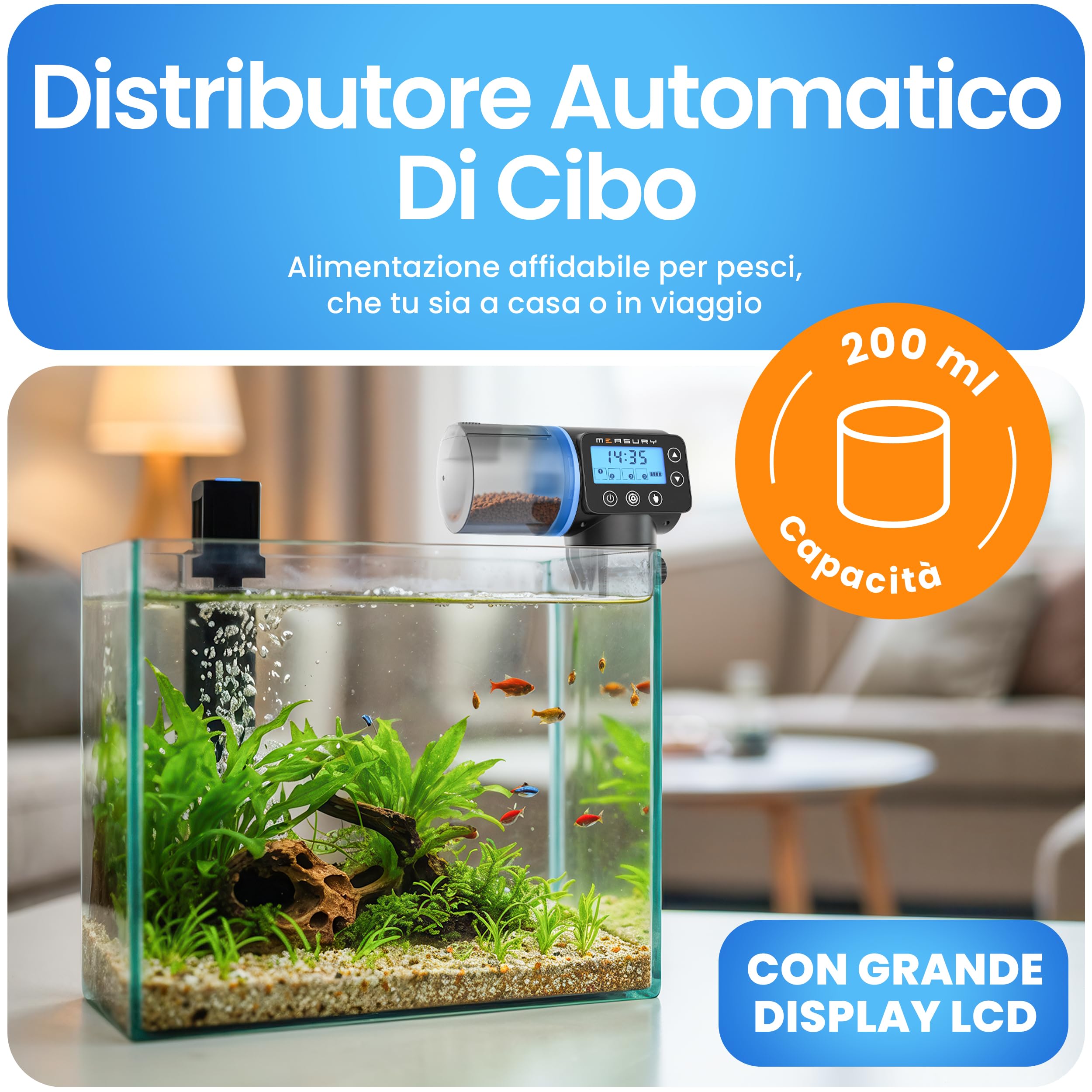 Mangiatoia automatica acquario di Measury, Dispenser mangime pesci automatico - fino a 4 volte al giorno, Distributore automatico cibo pesci
