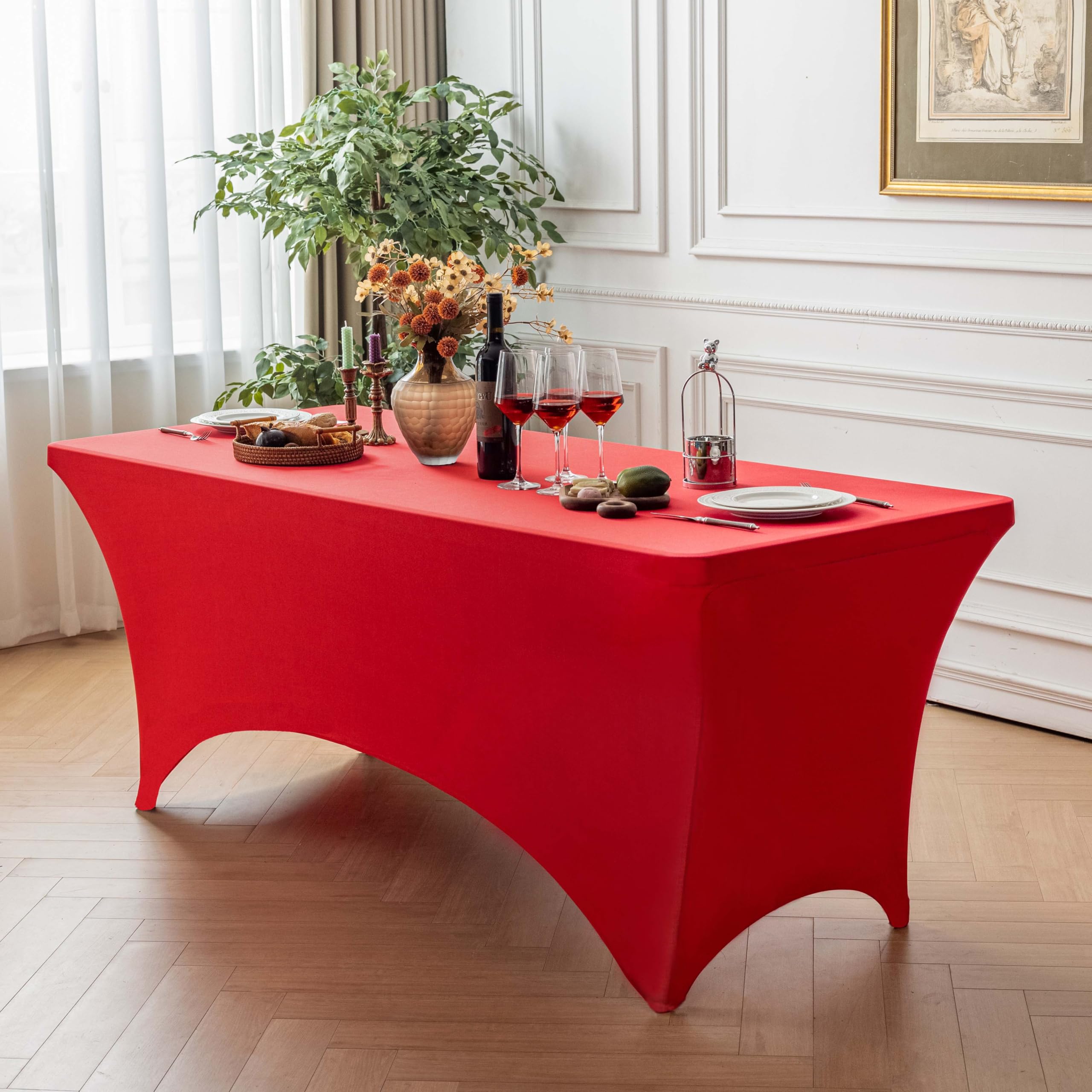 FOLINS&amp;HOME Red 8ft Fitted Water Resistant Tablecloth with Spandex