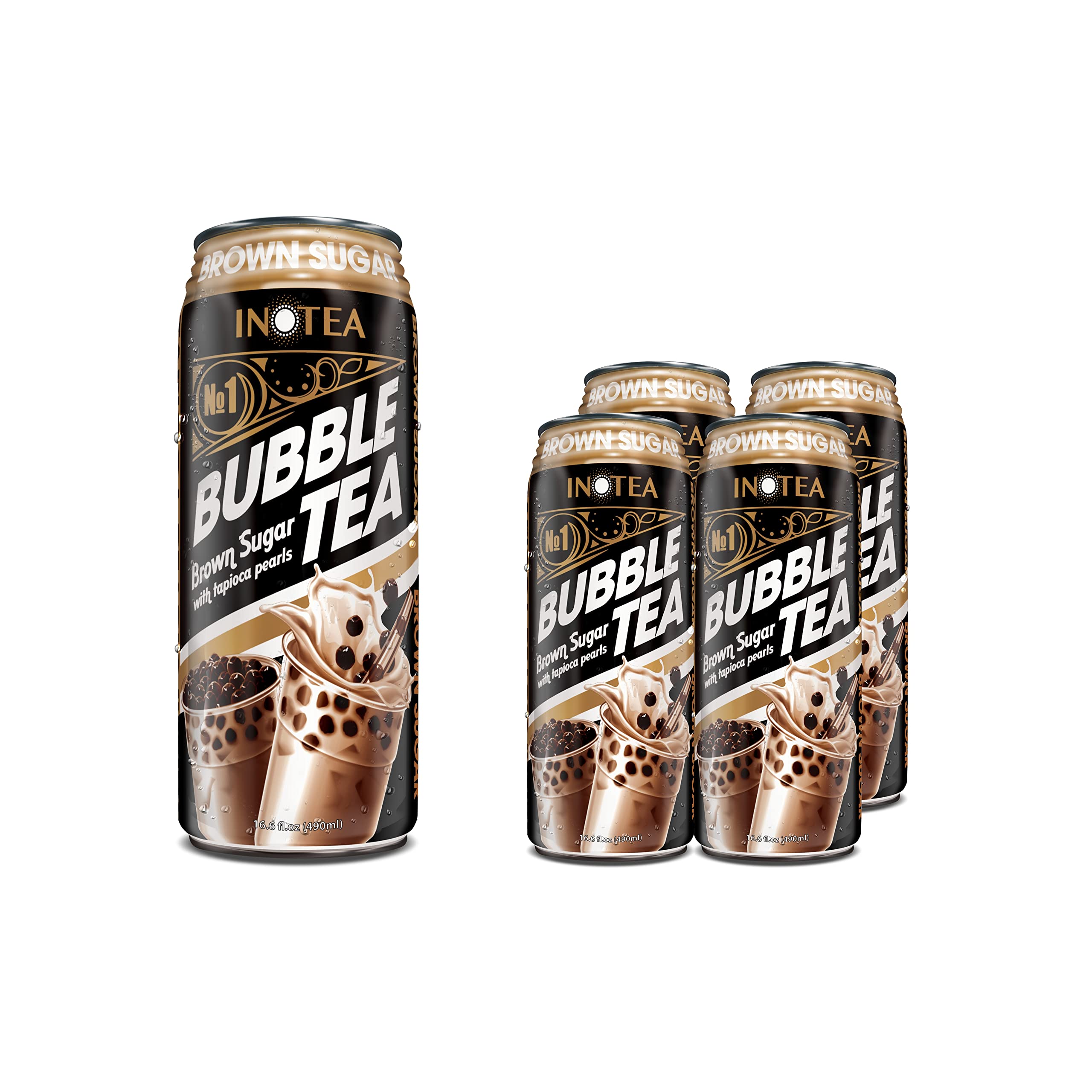 (Pack of 4 or 8) INOTEA Bubble Tea Brown Sugar Flavor. Black Milk Bubble Tea with Boba Pearls in a Can (16.6oz/can) with ATIUS Thank You Card. (Brown Sugar) (4)