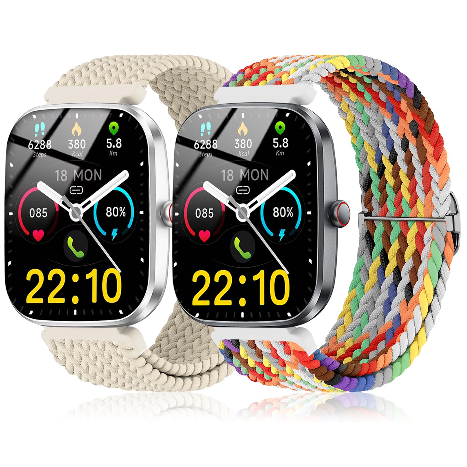 2 Pack Braided Stretchy Nylon Compatible with Kuizil T70 Smart Watch Band/JeeJTek TGW008/zakotu Y66/uaue T60 Smartwatch, Quick Release Solo Loop Sport Elastic Strap Wristbands for Men WomenOEKO-TEX STANDARD 100