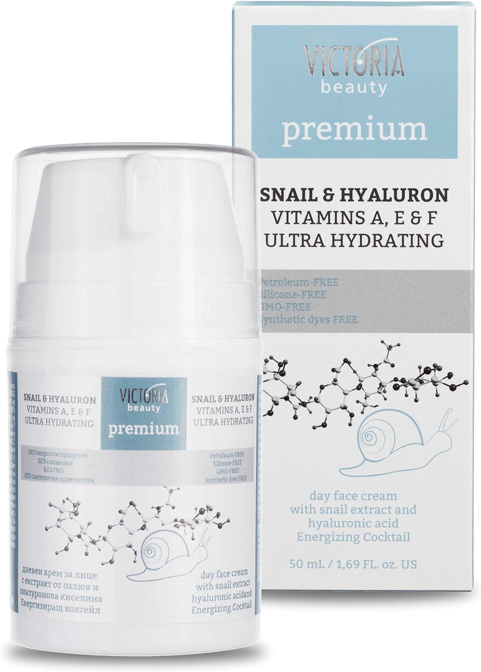 Victoria Beauty Premium - Ultra Hydrating SNAIL and HYALURON Day Cream with Vitamins A, E and F - for Young Skin (Age 25+) – Organic Cream with Snail Serum and Hyaluronic Acid for instant hydration