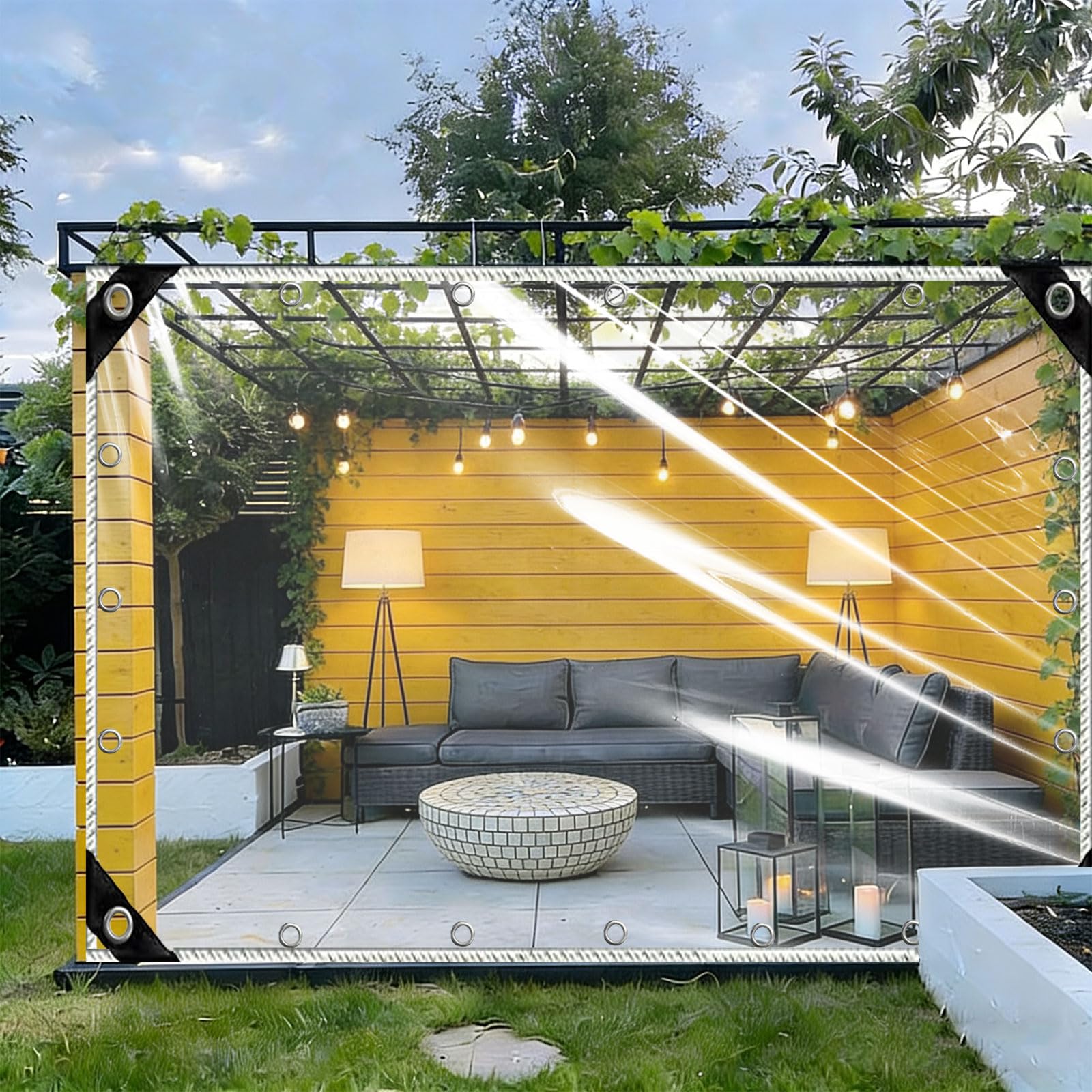 Lona transparente impermeable 1.1x2.4 m de 400g/m² con ojales para balcón