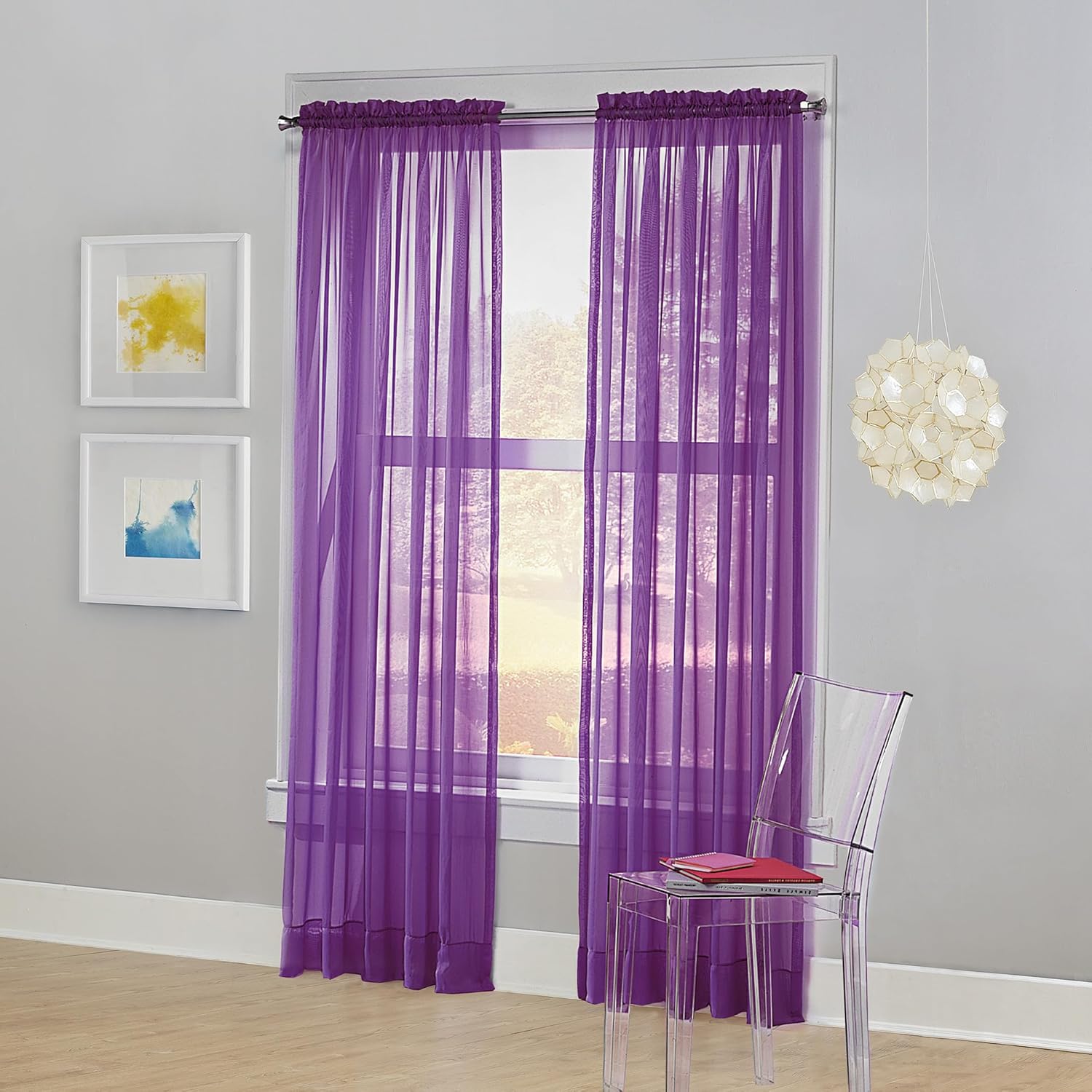 No. 918 Calypso Sheer Voile Rod Pocket Curtain Panel, 59" x 63", Purple