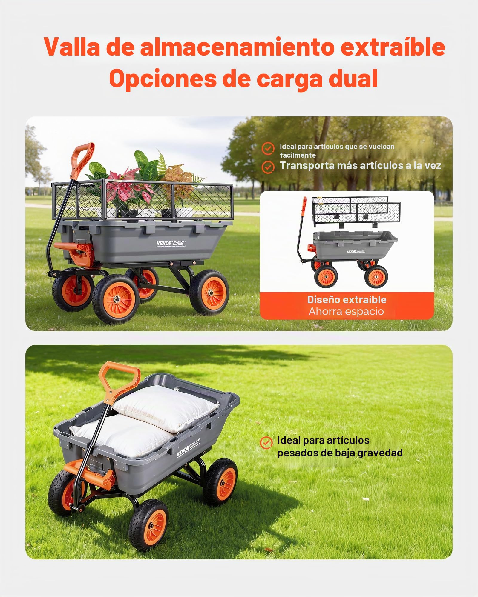VEVOR Carro de Jardín con Función Basculante Carga de 362 kg, con Valla de Almacenamiento, Carro de Jardín de Polietileno Mecanismo de Volcado de 90°, con Ruedas Giratorias de 180°, para Plantas