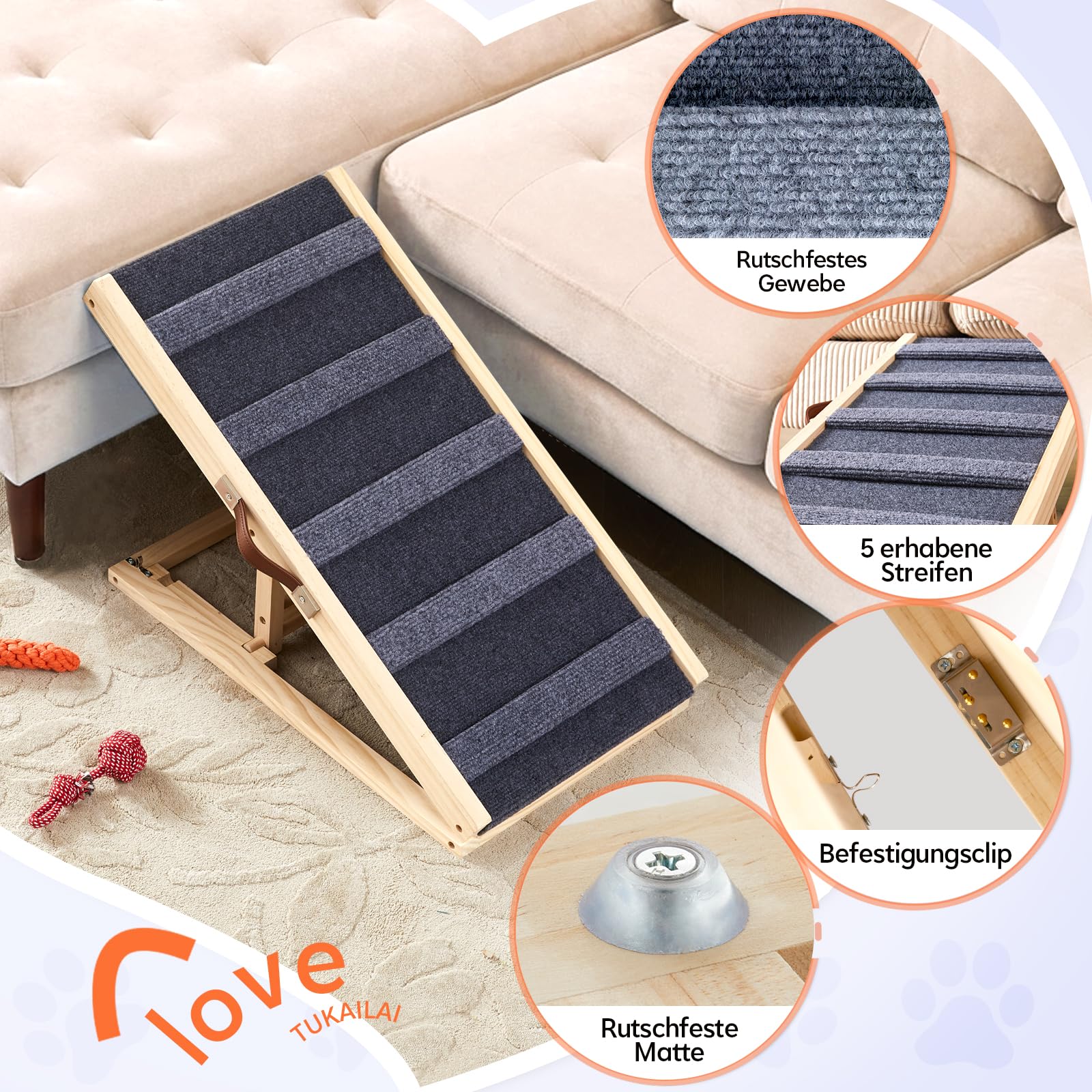 Tukailai Hunderampe aus Holz 70cm Lang Hundetreppe für Bett Sofa Auto Klappbare 2 Höhenverstellbar Haustierrampe mit Rutschfestem Teppich und Querstangen,40kg Tragfähigkeit für kleine Hunde Rampe