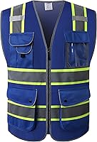 Vista 1 de JKSafety - Chaleco de seguridad azul con cremallera frontal de alta visibilidad, 9 bolsillos, azul con tiras reflectantes de doble tono, estándares