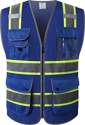 JKSafety - Chaleco de seguridad azul con cremallera frontal de alta visibilidad, 9 bolsillos, azul con tiras reflectantes de doble tono, estándares