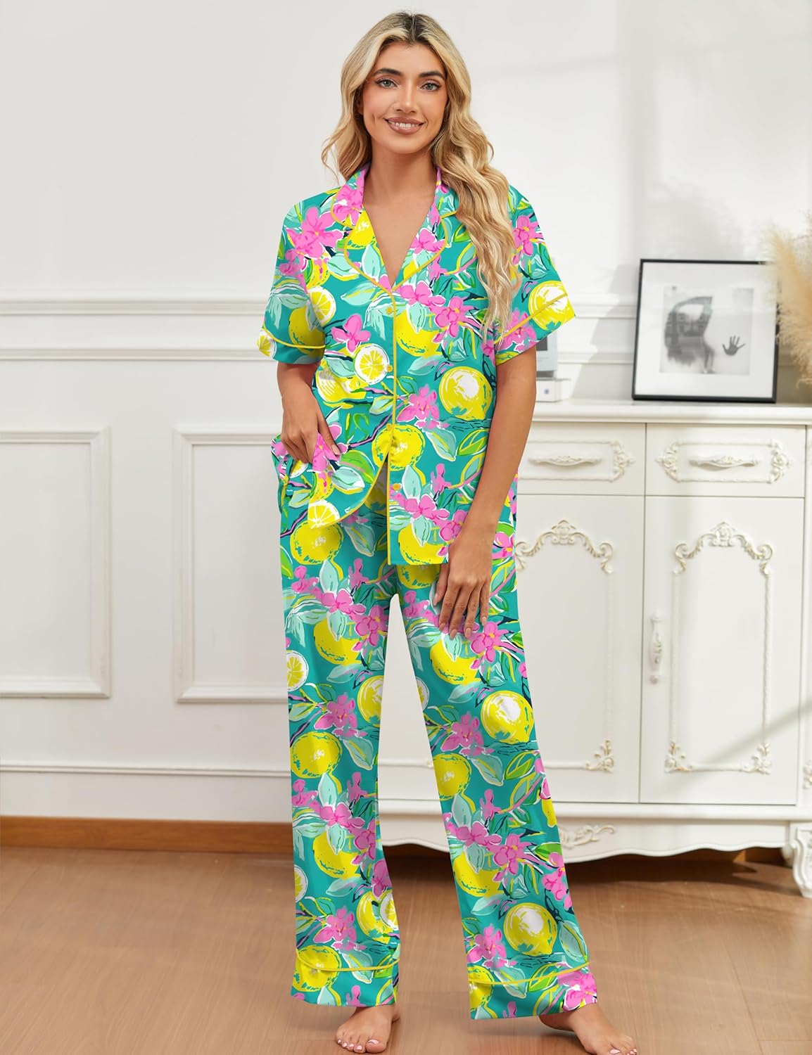 SHESHOW Satin Pajamas for Women Set Button Down Sleepwear Print Pjs Set 2 Piece Short Sleeve Long Loungewear Size XS-XXL - Image 6