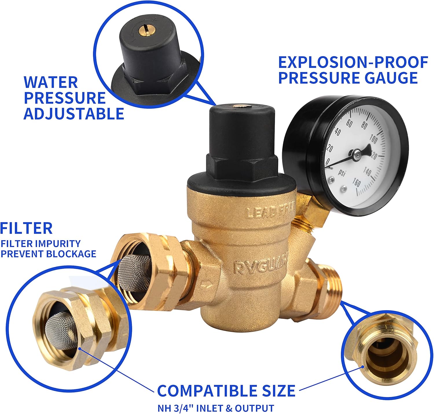 RVGUARD RV Water Pressure Regulator Valve, Brass Lead-Free Adjustable Water Pressure Reducer with Gauge and Inlet Screen Filter for RV Camper Travel Trailer : Automotive