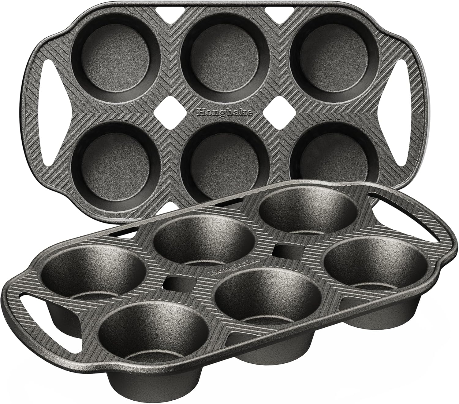 HONGBAKE Everline Collection Cast Iron Muffin Pans, Non toxic Uncoated 6-Cup Muffin Tins, Non-Stick Pre-Seasoned Cupcake Tray Pan Set for Baking, Oven & Stovetop Safe, Standard Size, 2 Pack