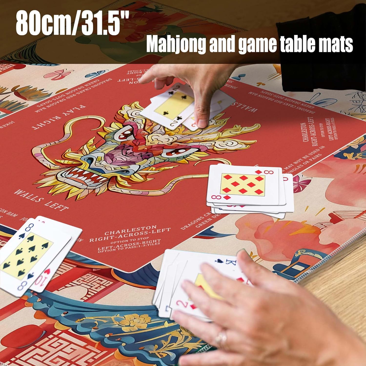 Chinese Dragon Mahjong Mat for Table 31.5 x 31.5 Inch, Traditional Red Oriental Chinoiserie Non-Slip Noise Reduction Mahjong Mat for Poker, Dominoes, Cards, Board & Tile Games