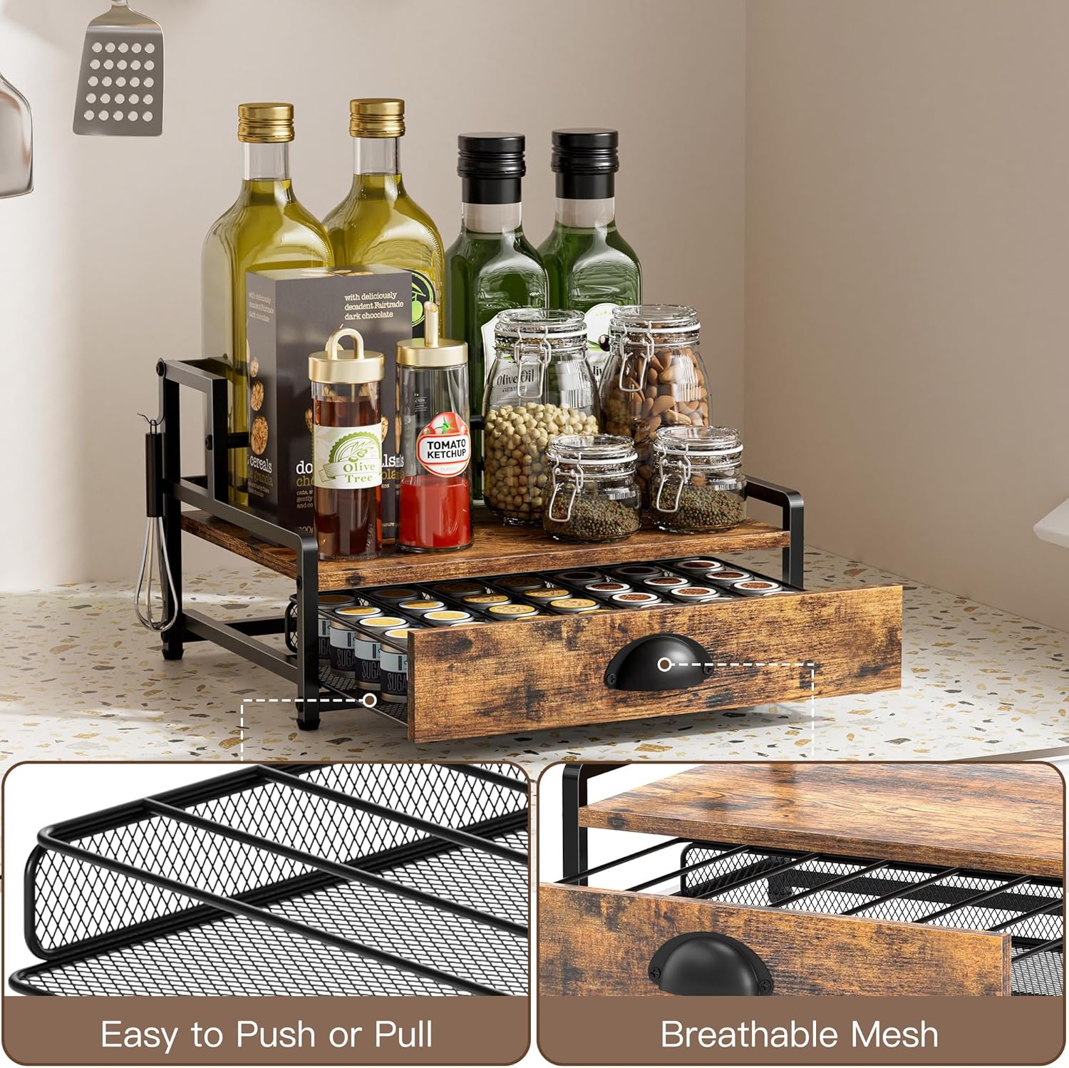 Coffee Syrup Rack Organizer, Coffee Pod Holder for Countertop, 8 Syrup Bottles Stand with Storage Drawer for 35 K Cups, Coffee Pod Drawer for Coffee Station, Home, Kitchen, Office, Dorm, Rustic Brown