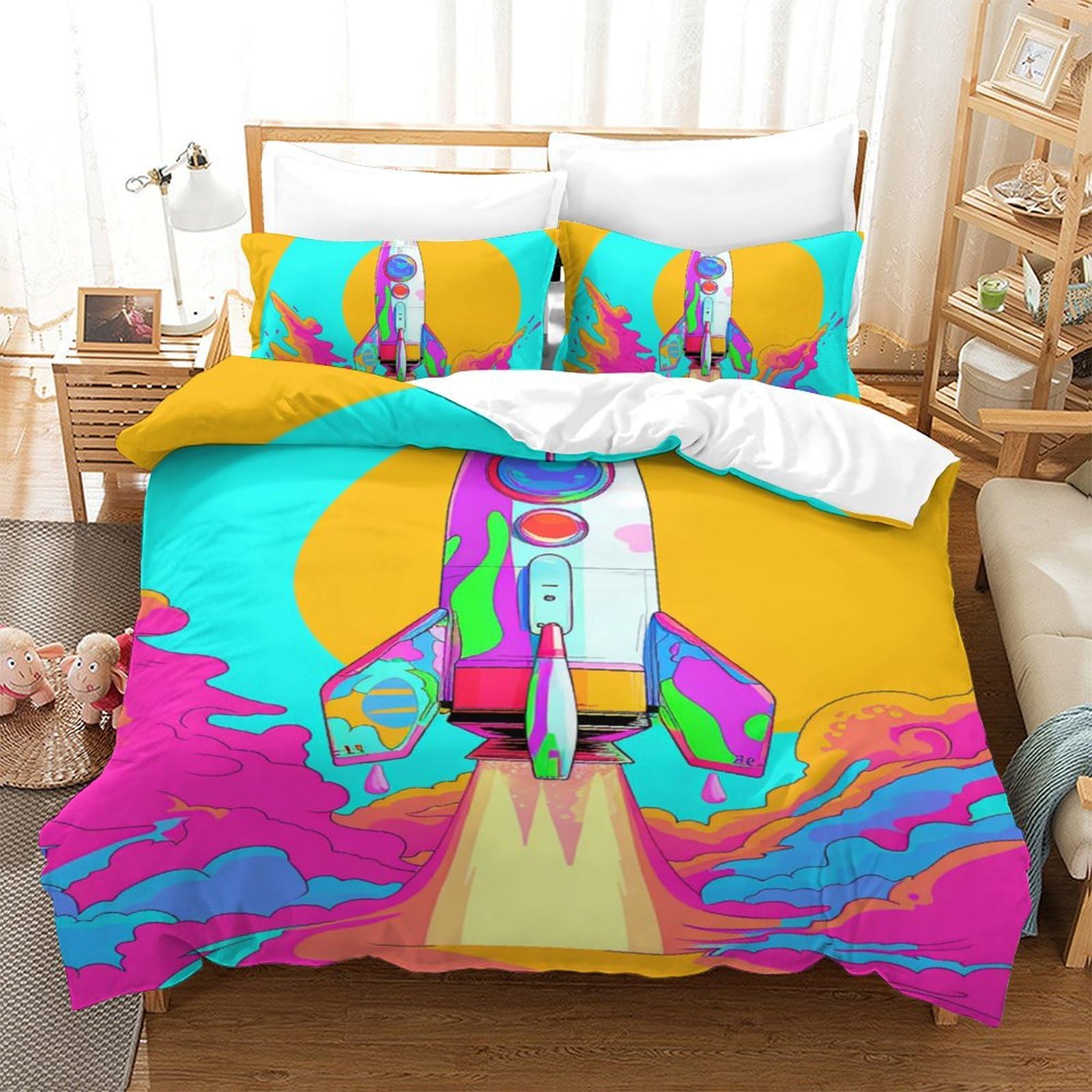 Parure de lit fusée spatiale 3D 140x200cm avec housse de couette et taies en microfibre