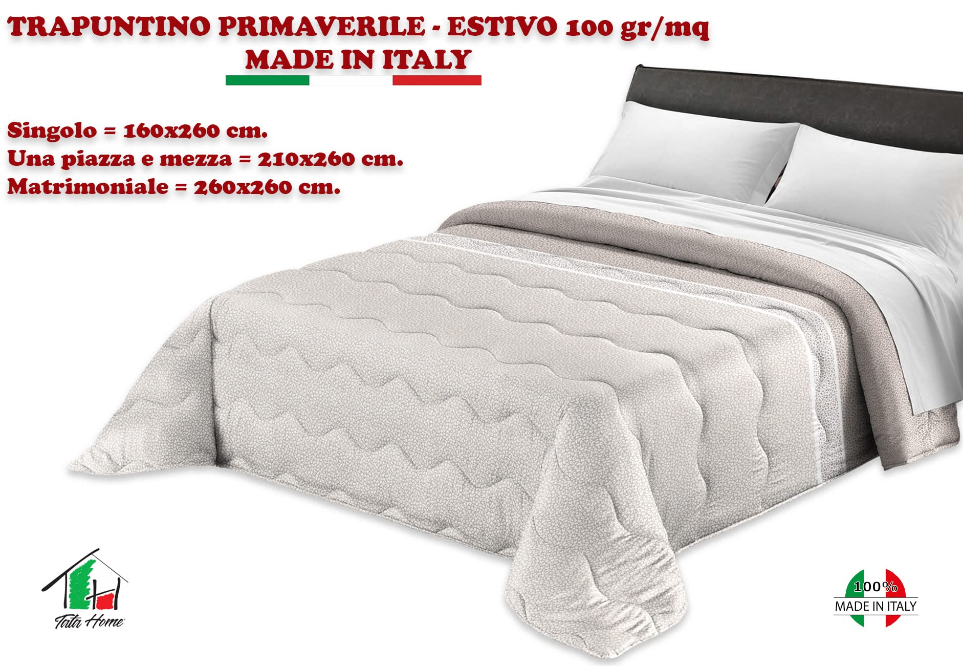 Tata Home Trapuntino Copriletto Trapuntato Primaverile Estivo 100 gr/mq Quilt Leggero Letto Due Piazze Matrimoniale 260x260 cm Fantasia Borbon Maculato Made in Italy Colore Beige Panna