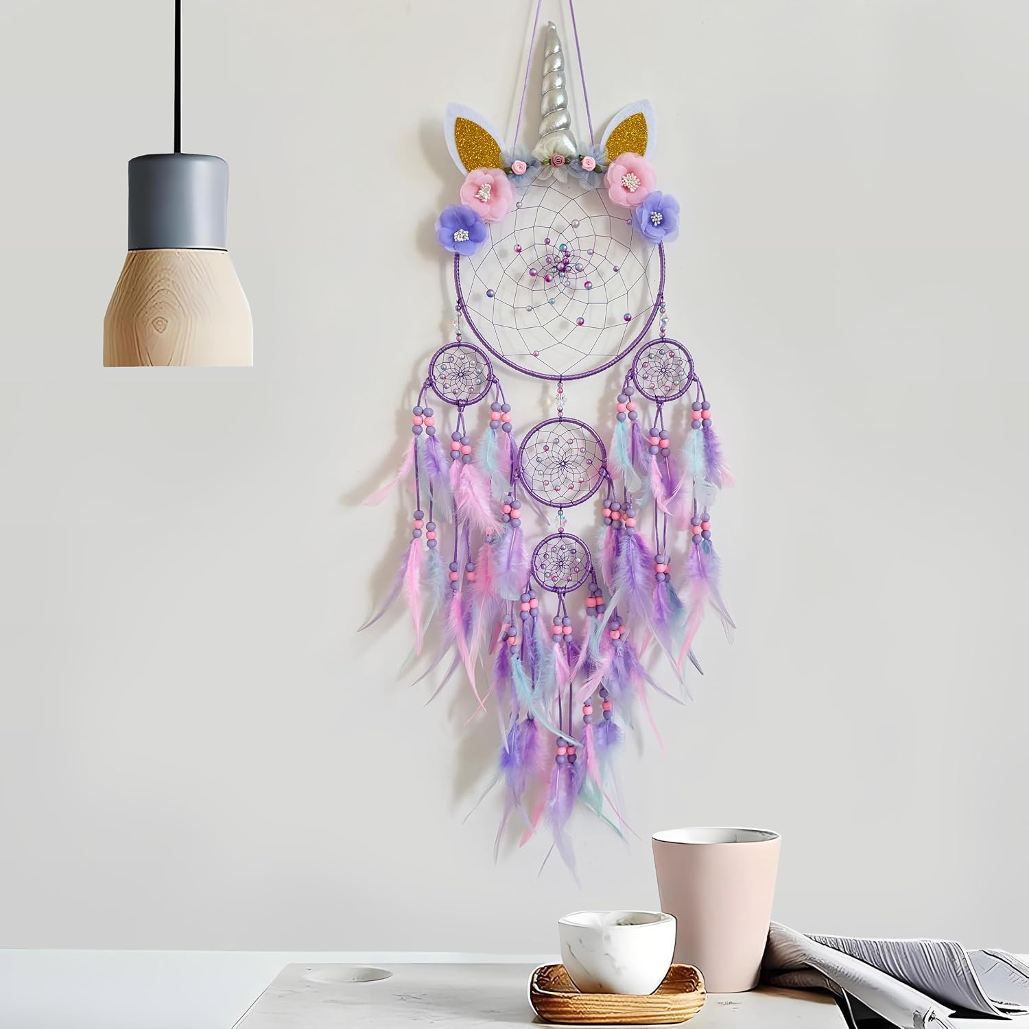Colorful Dreamcatcher,Dream Catchers for Kids Unicorn Wall Decor for Girls | Flower Feather Wall Hanging Decoration for Kids Girls Bedroom Wall Hanging Decoration Decor Nursery Wall Art Ornament Craft