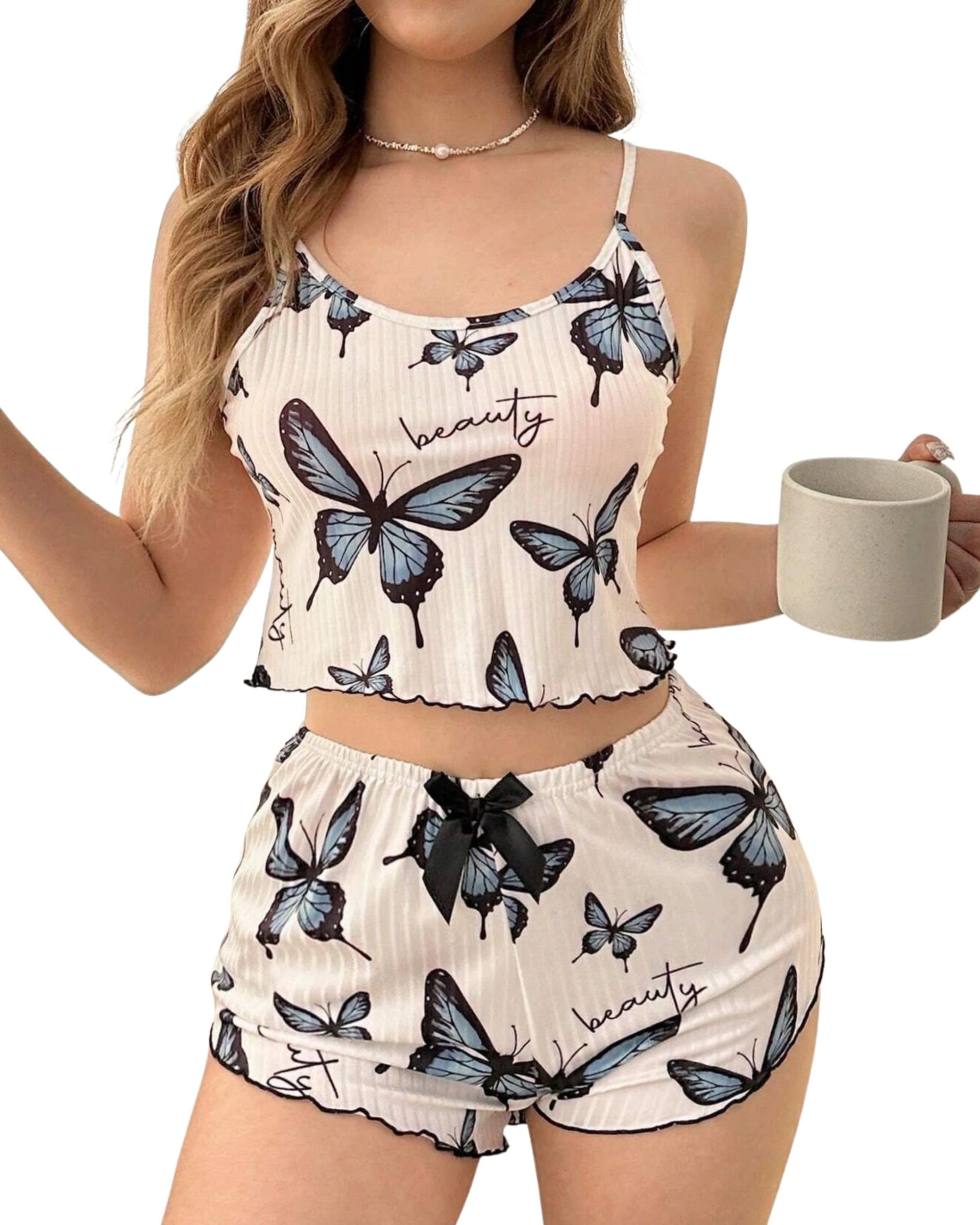 Butterfly Print Women’s Pajama Set Cute 2 Piece Sleepwear with Top Shorts, Spaghetti Strap Cami Night Dress Style, Summer Nightwear, Soft Breathable Mini Nighty Set for Date Night & Honeymoon-image-32
