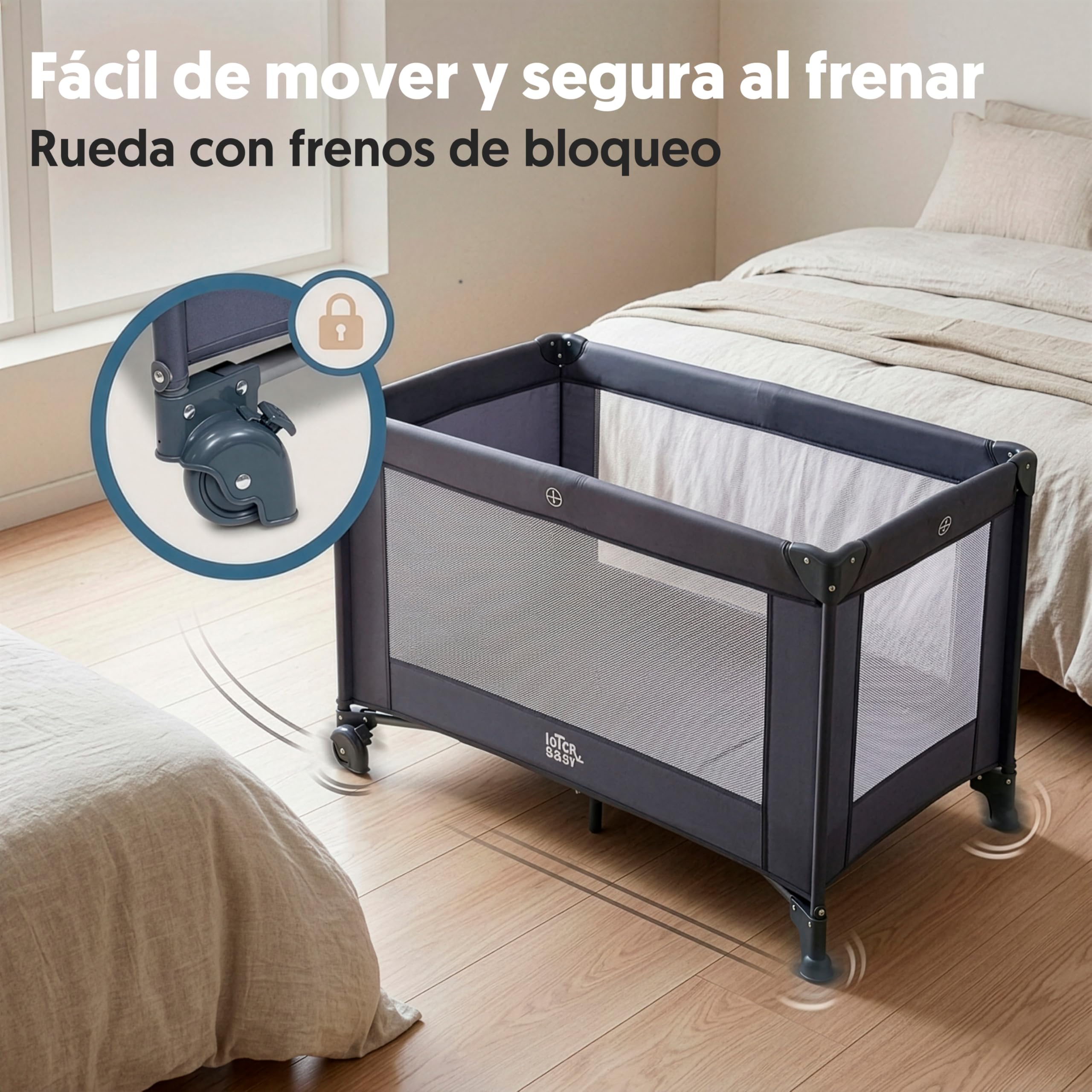 Interbaby - Cuna de Viaje Bebé Plegable con Ruedas y Bolsa de Transporte, Parque Cuna 2 en 1, Ligera y Compacta, Malla Transpirable, Compatible 120x60 cm, Desde Nacimiento hasta 3 Años (15 kg) (Gris)