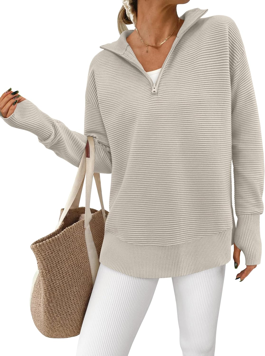 PRETTYGARDEN Womens Long Sleeve Quarter Zip Pullover Sweater Casual Loose V Neck Collared Ribbed Knit Jumper Tops Thumb Hole