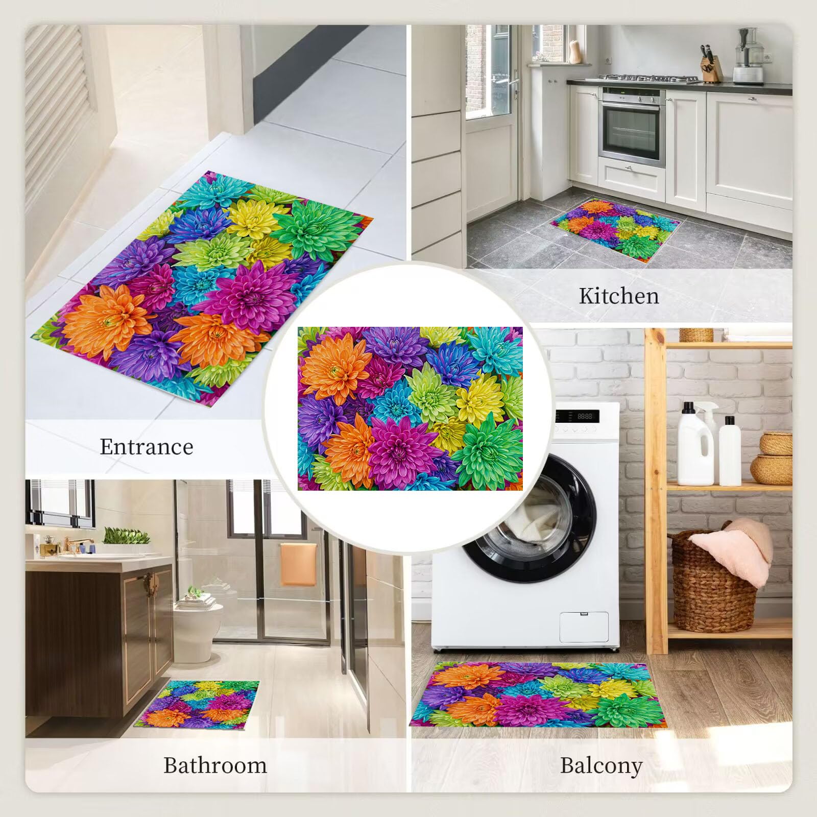 80X120Cm Zerbino Ingresso Interno Antiscivolo Assorbente, Tappeto In Microfibra Sottile Lavabile Con Dalie Rurali Multicolori Piante Arcobaleno Da Sogno Per Cucina Bagno Porta E Animali, Verde Viola