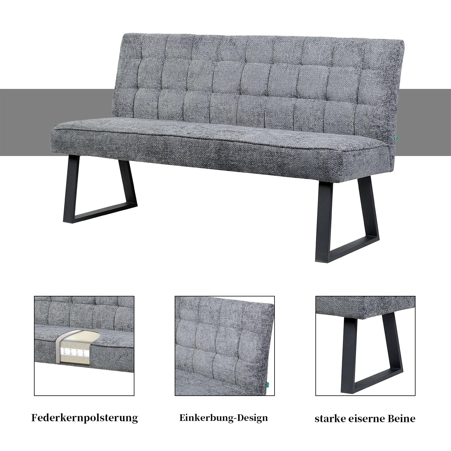 DUBI Möbel Sitzbank Clara 160 cm mit Federkernpolsterung – Moderne Esszimmerbank Hellgrau – Gepolsterte Küchenbank mit 15 cm Polsterung & Metallbeinen Schwarz