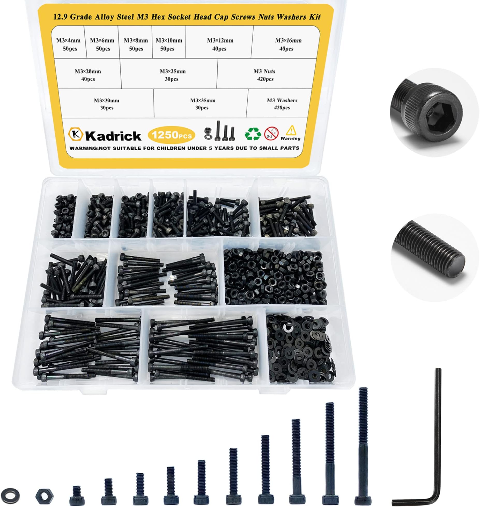 Kadrick 1250 Pcs M3 Screws and Nuts Assortment M3x4MM-35MM, Hex Socket Head Cap Metric M3 Machine Bolts Kit, 12.9 Grade Alloy Steel,Anti-Rust Up Graded,Black Zinc Plated,Free Allen Head Wrench