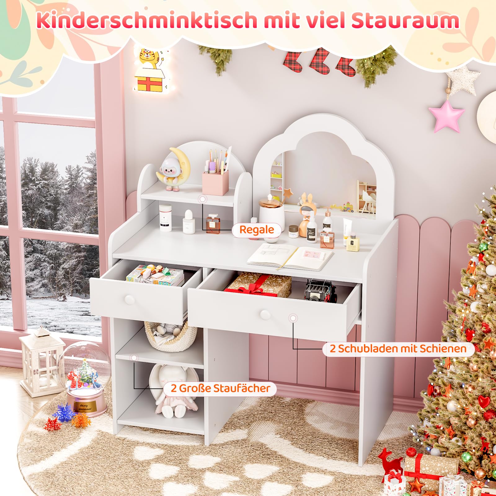 MAMIZO Schminktisch Kinder Set, Wolkenförmiger Kinderschminktisch mit Spiegel, Hocker, Schubladen und Aufbewahrungsschränken, Prinzessin Frisiertisch aus Holz, 73,5x40x90,5cm, Weiß