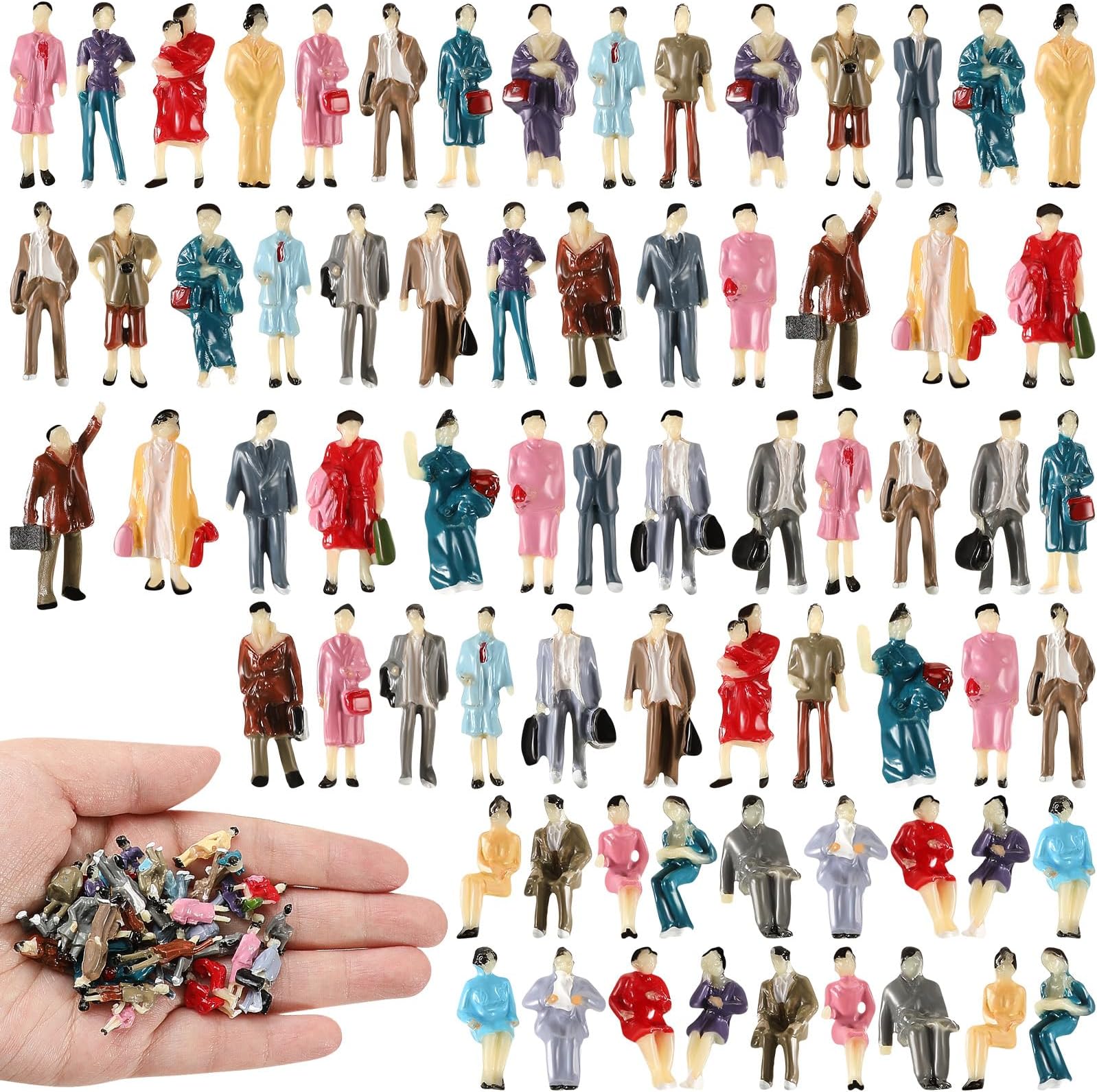 100 Pcs 1: 87 Scale People Figurines Plastic People Figures Sitting and Standing Tiny Dollhouse People Model Trains Architectural People Painted Figures for Park Street Miniature Scenes