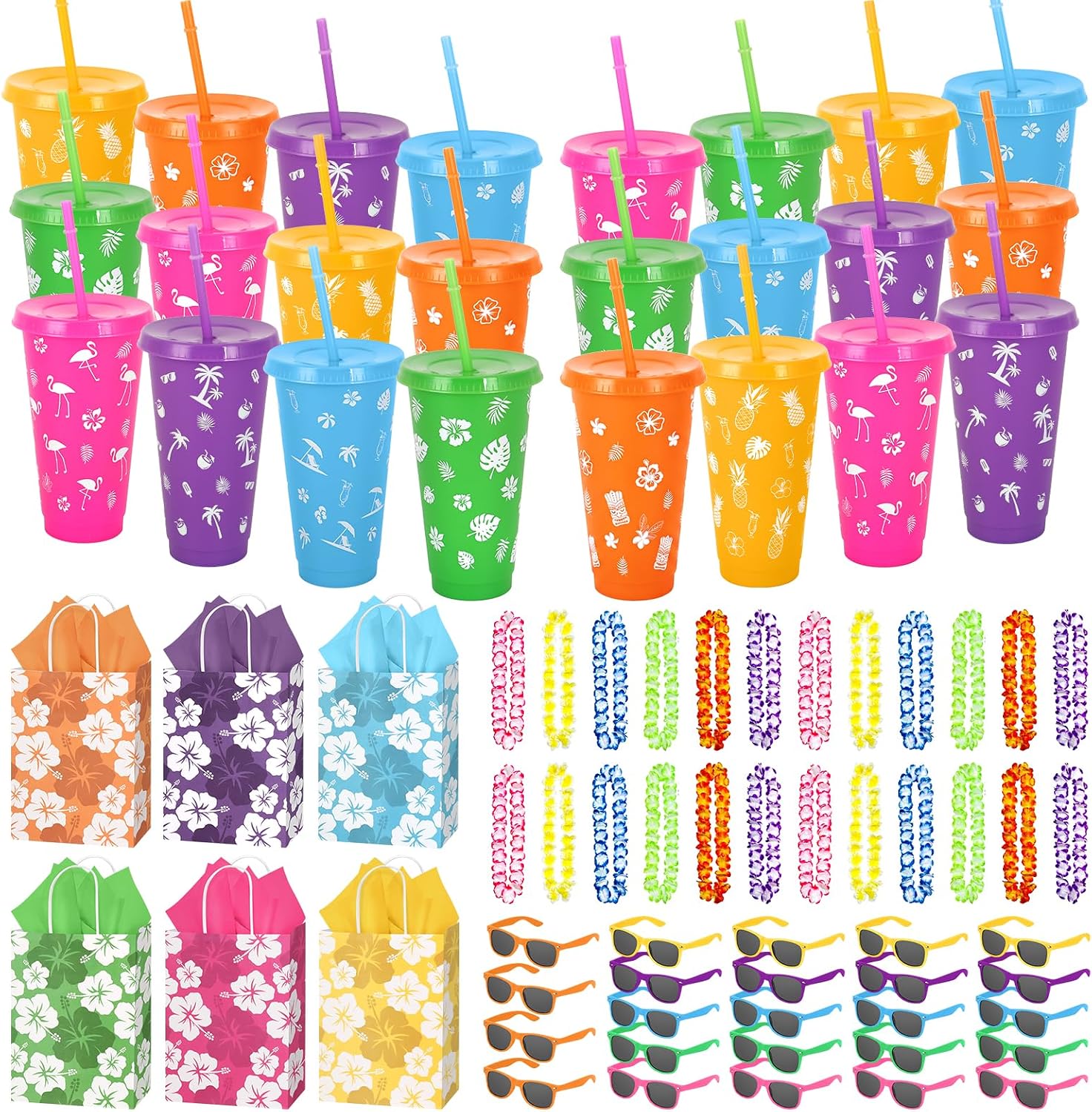 120Pcs/24Sets Hawaiian Luau Party Favors Hawaii Gift Bulk Include 24 oz Tumblers Flower Leis Decorative Sunglasses with Hawaii Bags for Adults Summer Beach Pool Tropical Birthday Luau Party Supplies