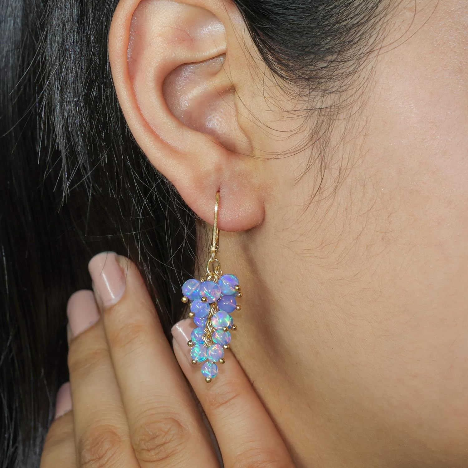 GOODSTONE JEWELS 925 Sterling Silver Multifire Opal Beaded Cluster Earrings for Women, Leverback Dangle Earrings, Gold Plated Handmade Jewelry, October Birthstone Multicolor Opal Jewelry Gift for Her