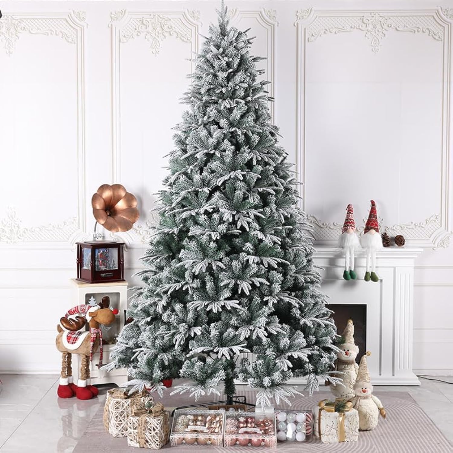 TAPIT Snow Flocked Christmas Tree, Artificial Hinged Pine Tree with Metal Stand and Dense Snow Branches, Frosted Christmas Holiday Tree Decoration for Home, Office, Party (5.9ft/180cm)