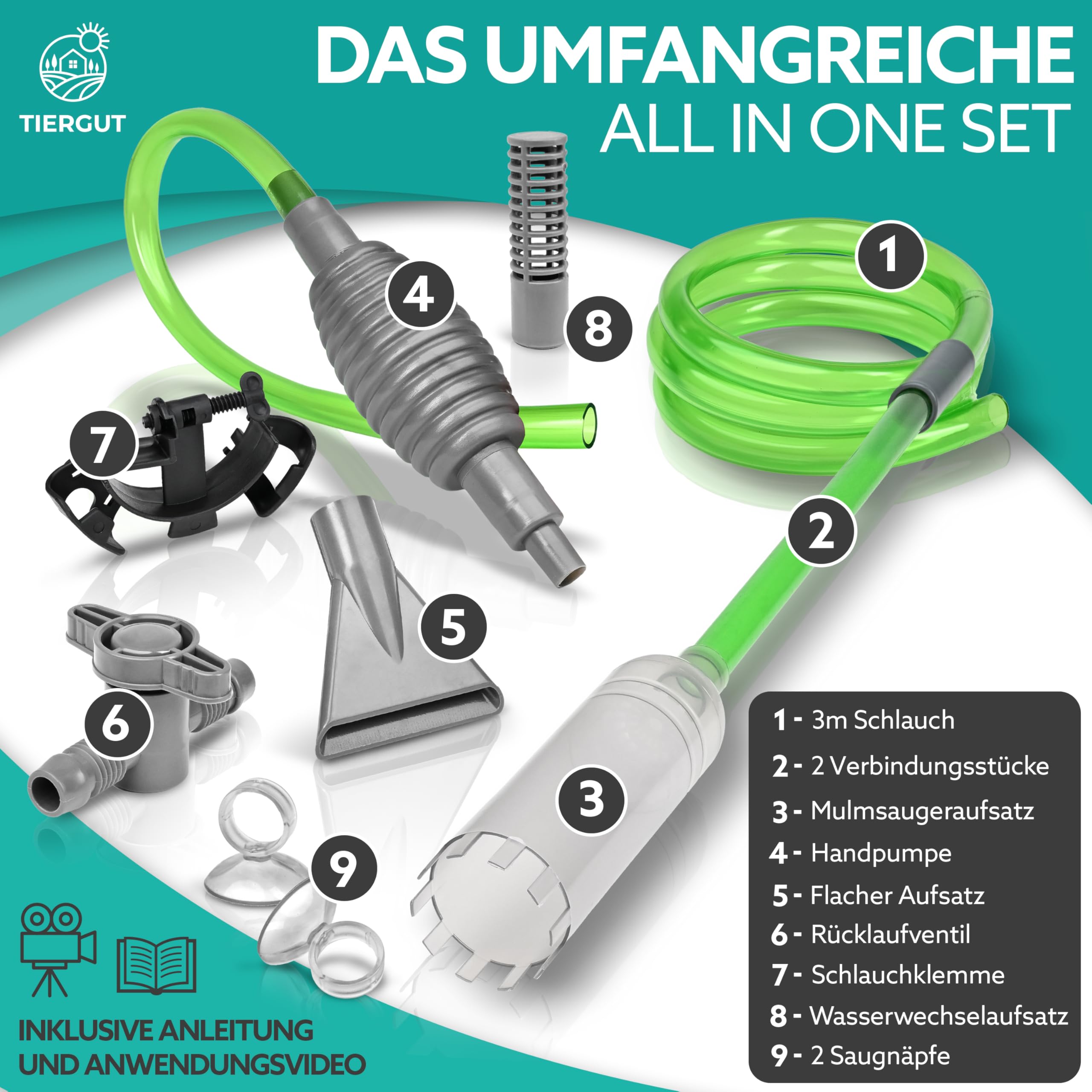 Mulmsauger Aquarium [9-teilig] - 3-in-1 Sauger für Boden-Reinigung, Wasserwechsel & Scheiben-Pflege - Komplett-Set inkl. XXL-Schlauch & Zubehör
