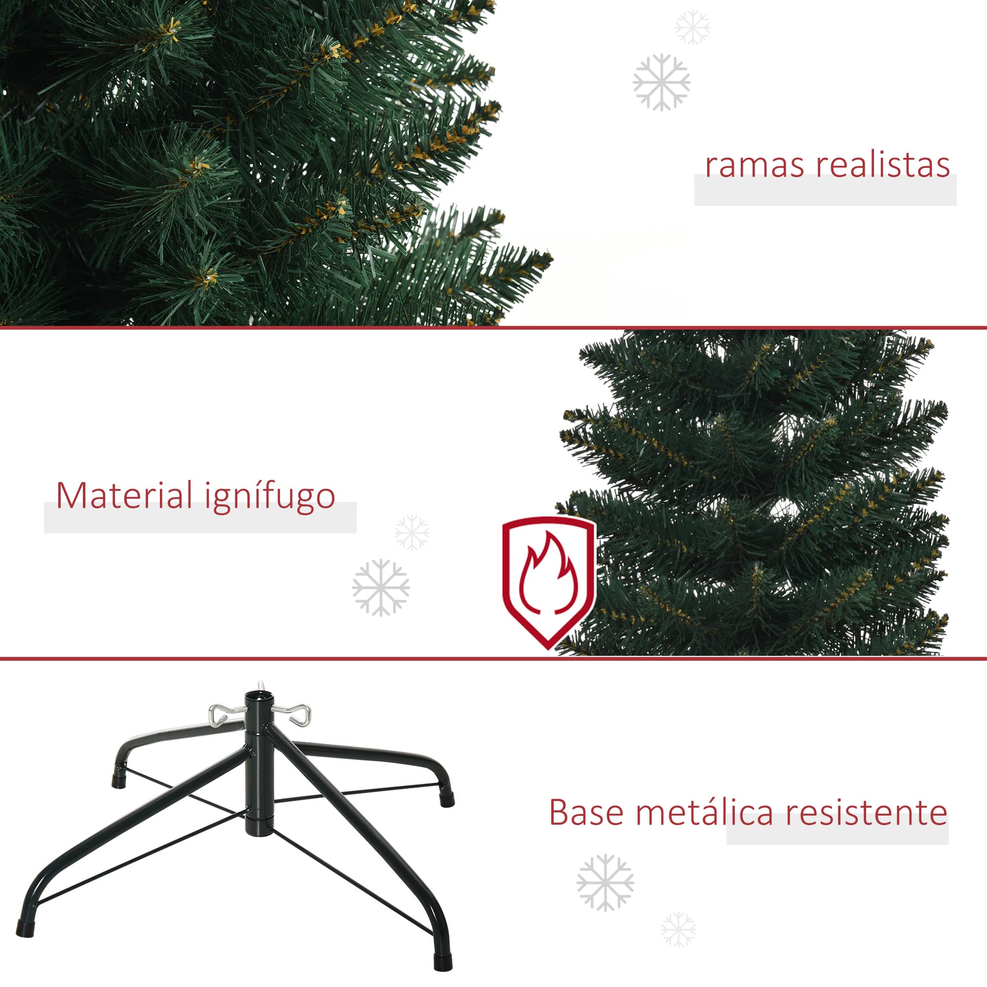 HOMCOM Árbol de Navidad Estrecho 180 cm, Árbol de Navidad Artificial con 380 Ramas, Base Plegable y Soporte Metálico, Fácil Montaje, para Salón, Interior, Verde