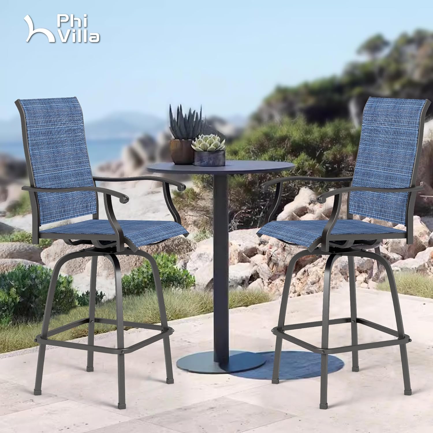 PHI VILLA Outdoor Swivel Bar Stools Set of 2, 30" Bar Height Tall Patio Chairs with All Weather Textilene Fabric, High Top Bar Chairs for Balcony, Porch and Deck, Blue