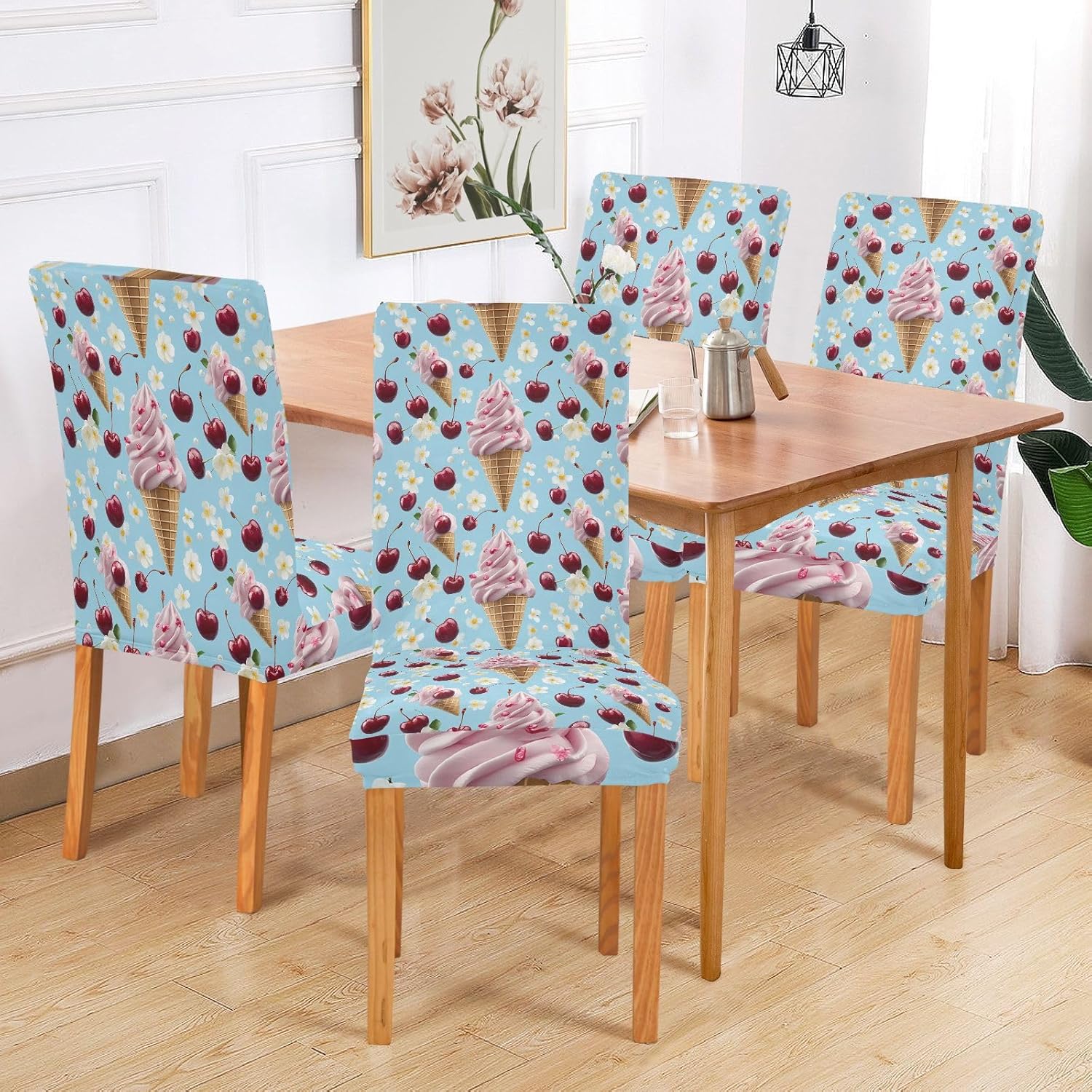 ALAZA Chair Covers for Dining Room, Ice Cream Flower Cherry Pattern Stretch Chair Cover Sets Chair Protector Removable Washable for Ktichen Restaurant Hotel