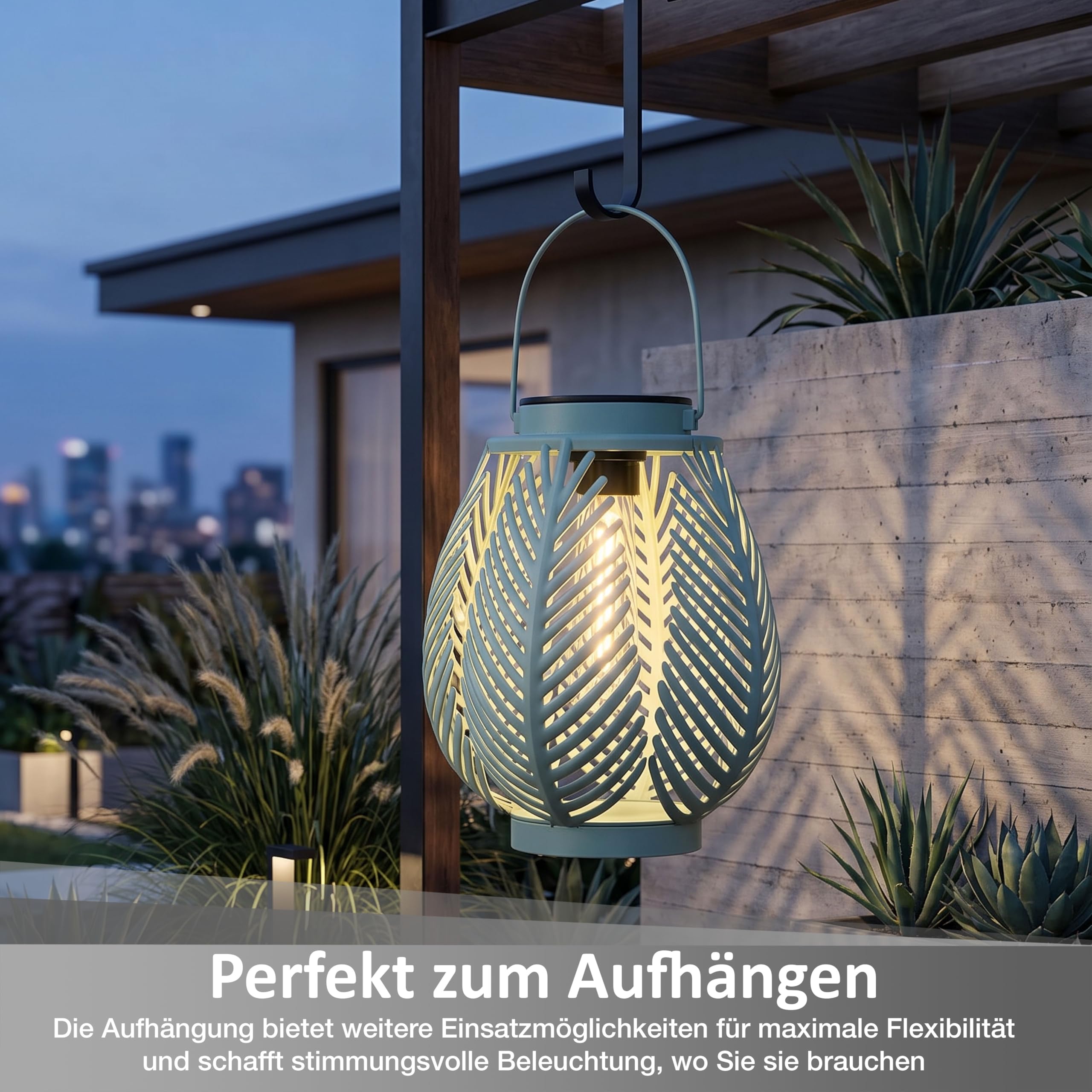 LED Solar Laterne Outdoor – Gartenleuchte mit COB LED Dämmerungssensor Metallgehäuse warmweiß Boho Gartenlampe (Farn-Blätter)
