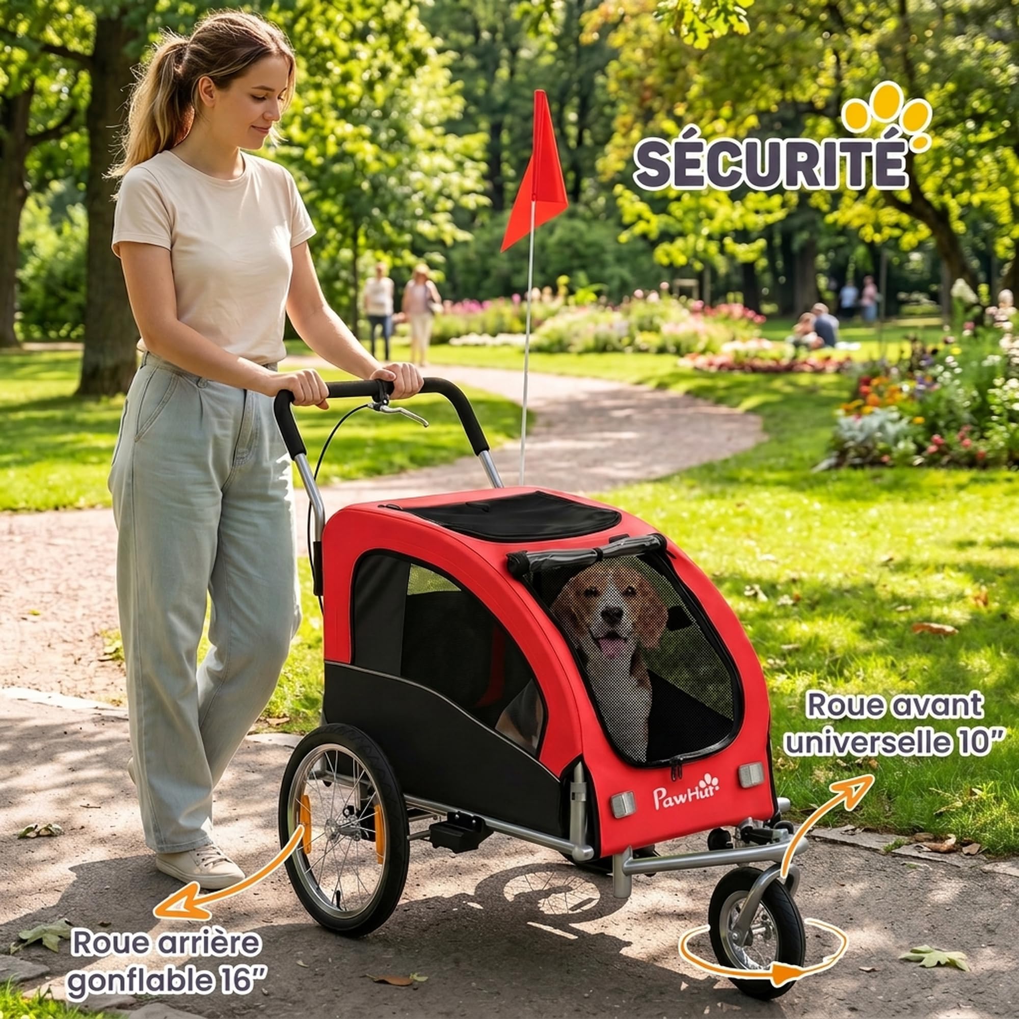 PawHut Remorque Vélo Chien 2-en-1 avec Suspension pour Chien Moyen Rouge | Chariot, Pneus à Dégagement Rapide, Réflecteurs, Grandes Fenêtres en Mesh, Frein à Main, Drapeau