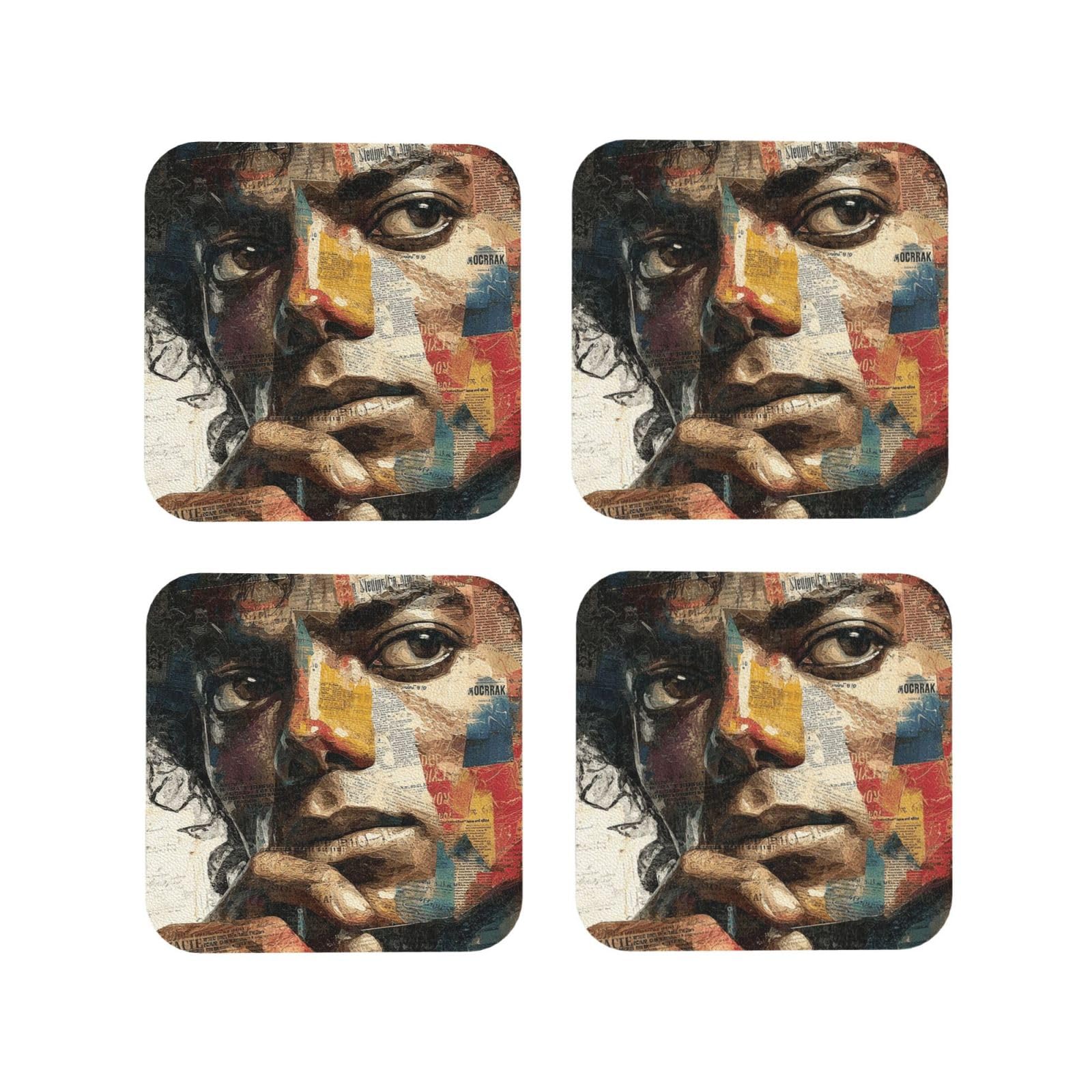Coasters Set of 4 Round Leather Coaster Quick-Dry Drink Michael Jackson Coasters for Desk Absorbent Mugs Pads Tabletop Protection Pad Heat Resistant Coffee Cup Mat for Kitchen Bar