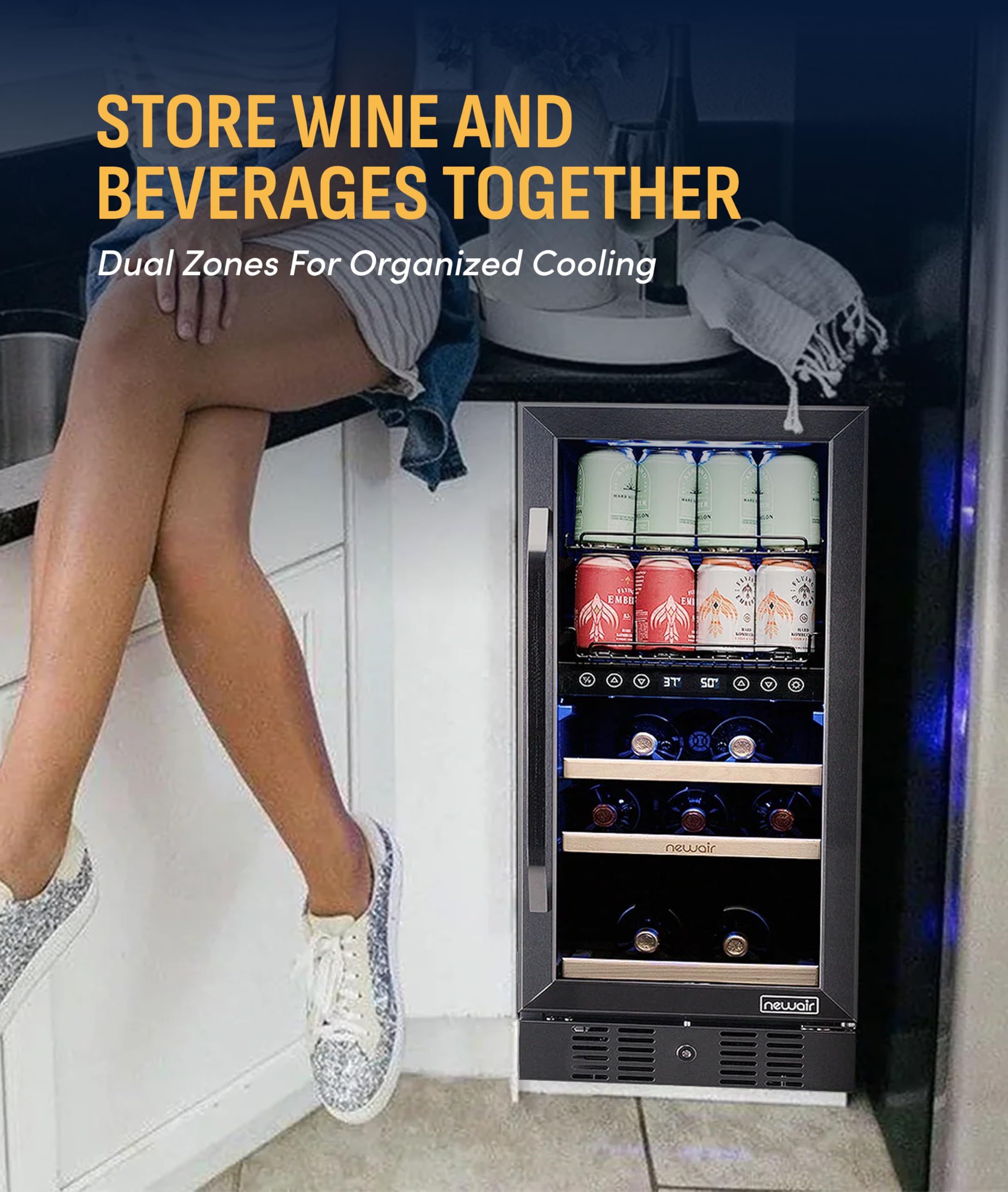 NewAir 15" Wine And Beverage Refrigerator 9 Bottle And 48 Can Capacity, Beverage Cooler In Stainless Steel, Built-In Or Freestanding Dual Zone Drink Fridge With Triple-Pane Glass Door on Fridge.com - View 3