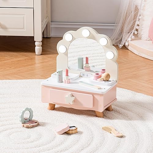 ROBOTIME - Juego de tocador de maquillaje para niños pequeños con espejo y luz, juego de tocador de maquillaje de madera para niños, mesa de vestir