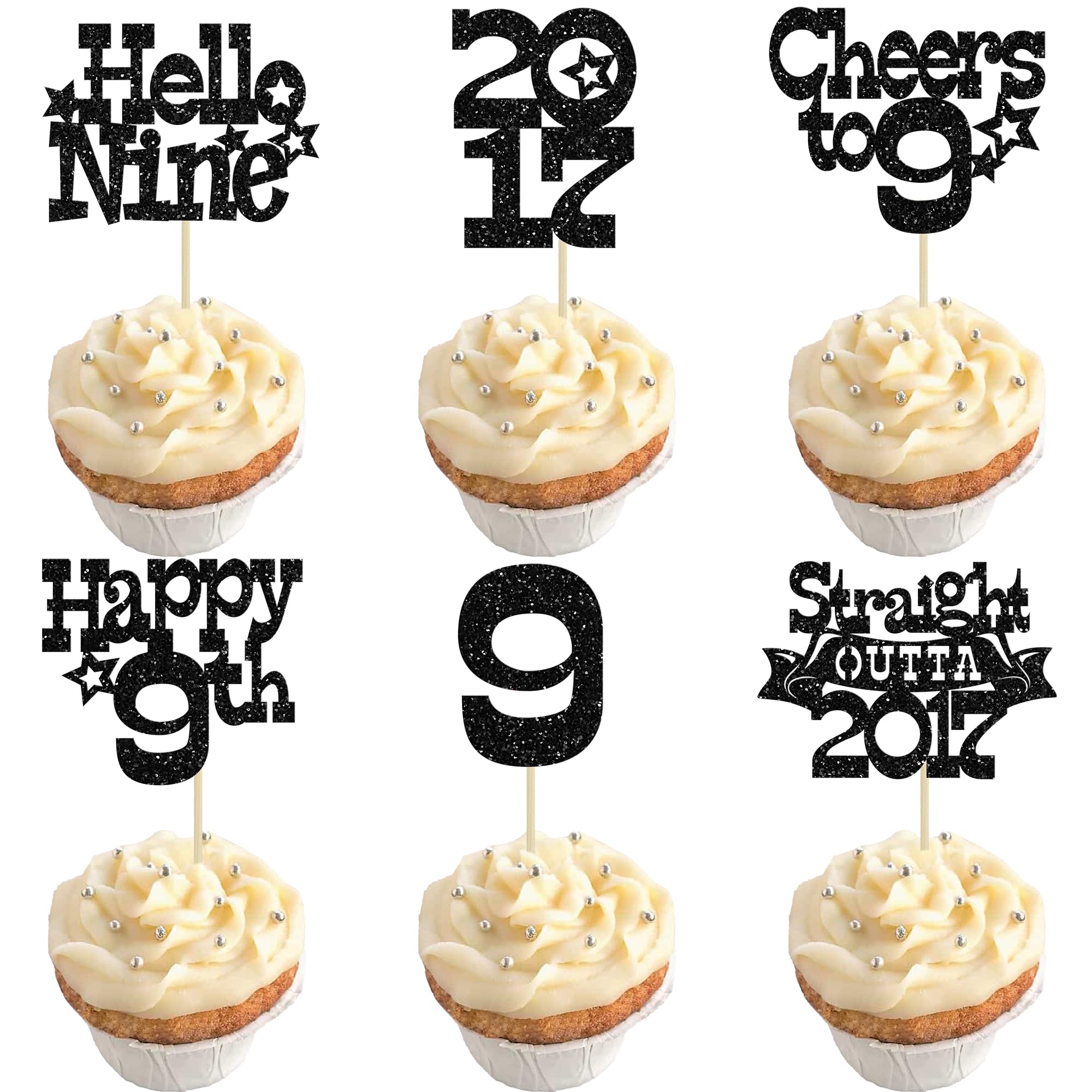 Ephlyn 30Pcs Straight Outta 2017 Cupcake Toppers Glitter Hello Nine Happy 9th Birthday Cupcake Picks Cheers to 9 Years Cake Decorations for 9th Birthday Party Supplies Black
