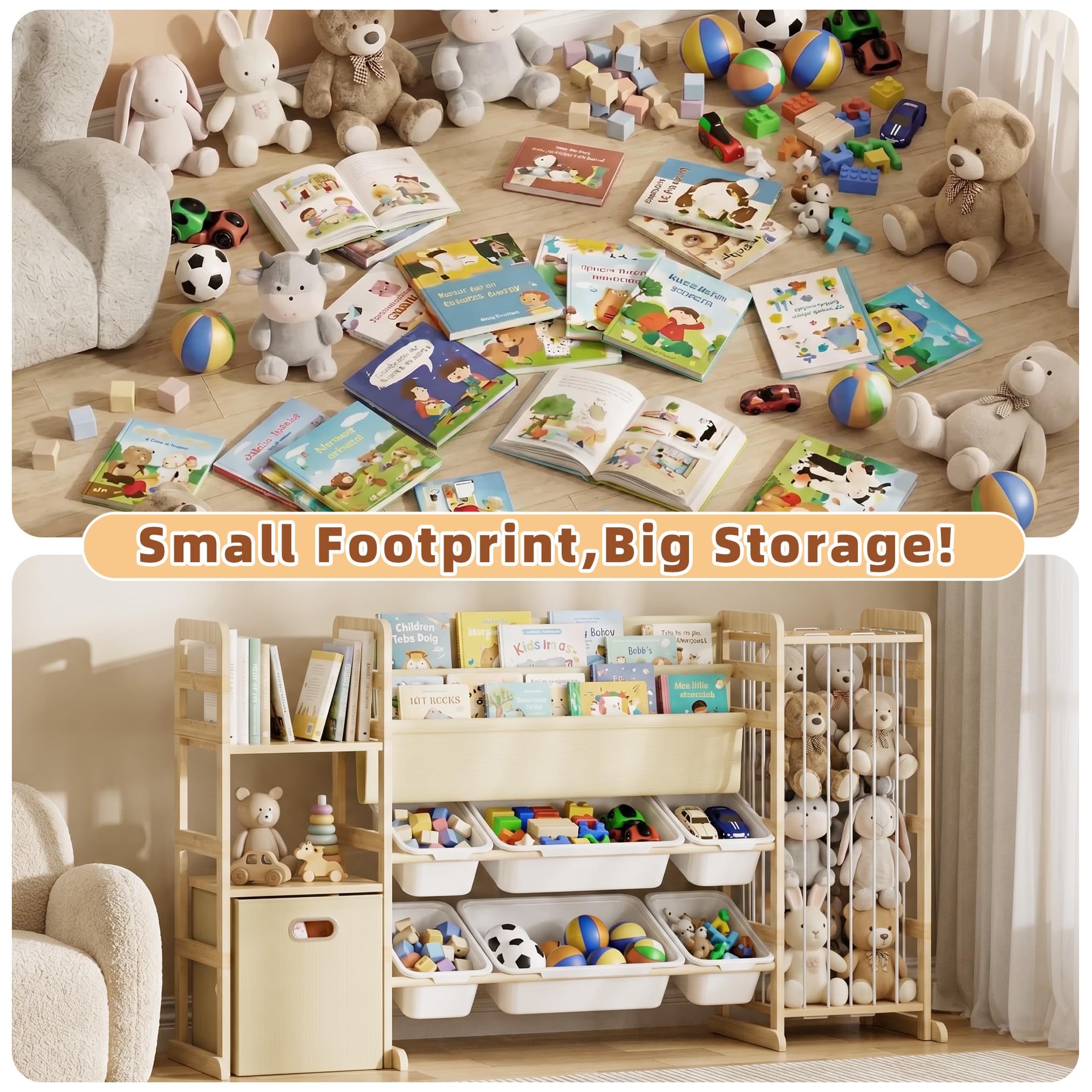 Spielzeug-Aufbewahrungs-Organizer mit Bücherregal und Stofftier-Aufbewahrung – Kinderspielzimmer-Organisation mit Regalen und 7 Spielzeugbehältern, 4-in-1 Kleinkind-Bücherregal aus Montessori-Holz
