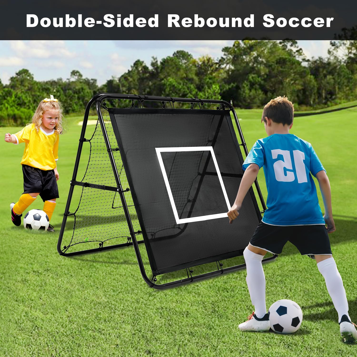 BAGAIL Doppelseitiges Rebounder-Netz, Fußballnetze, verstellbare Winkel, anpassbare Struktur, Rebound-Netz mit Ziel für Geschicklichkeitstraining, tragbare Fußballtore für den Garten, 120x120cm